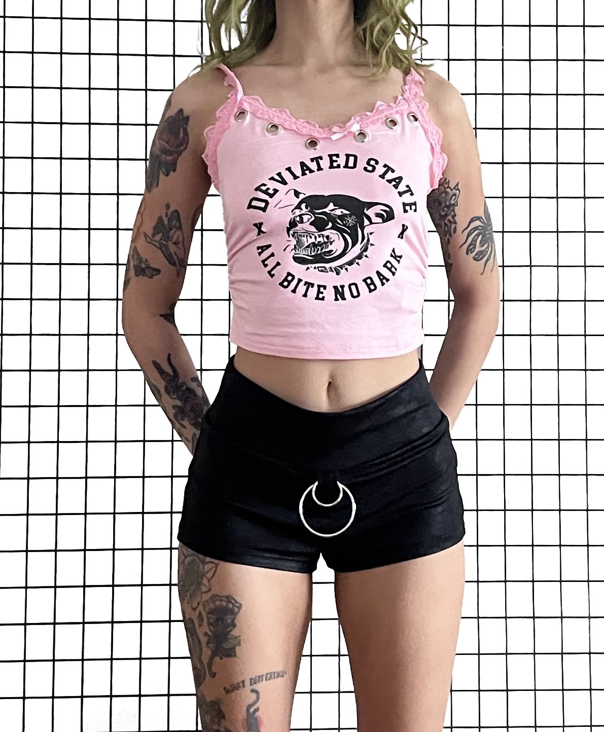 Deviated State 'all bite no bark' Lace Grommet Tank, size small