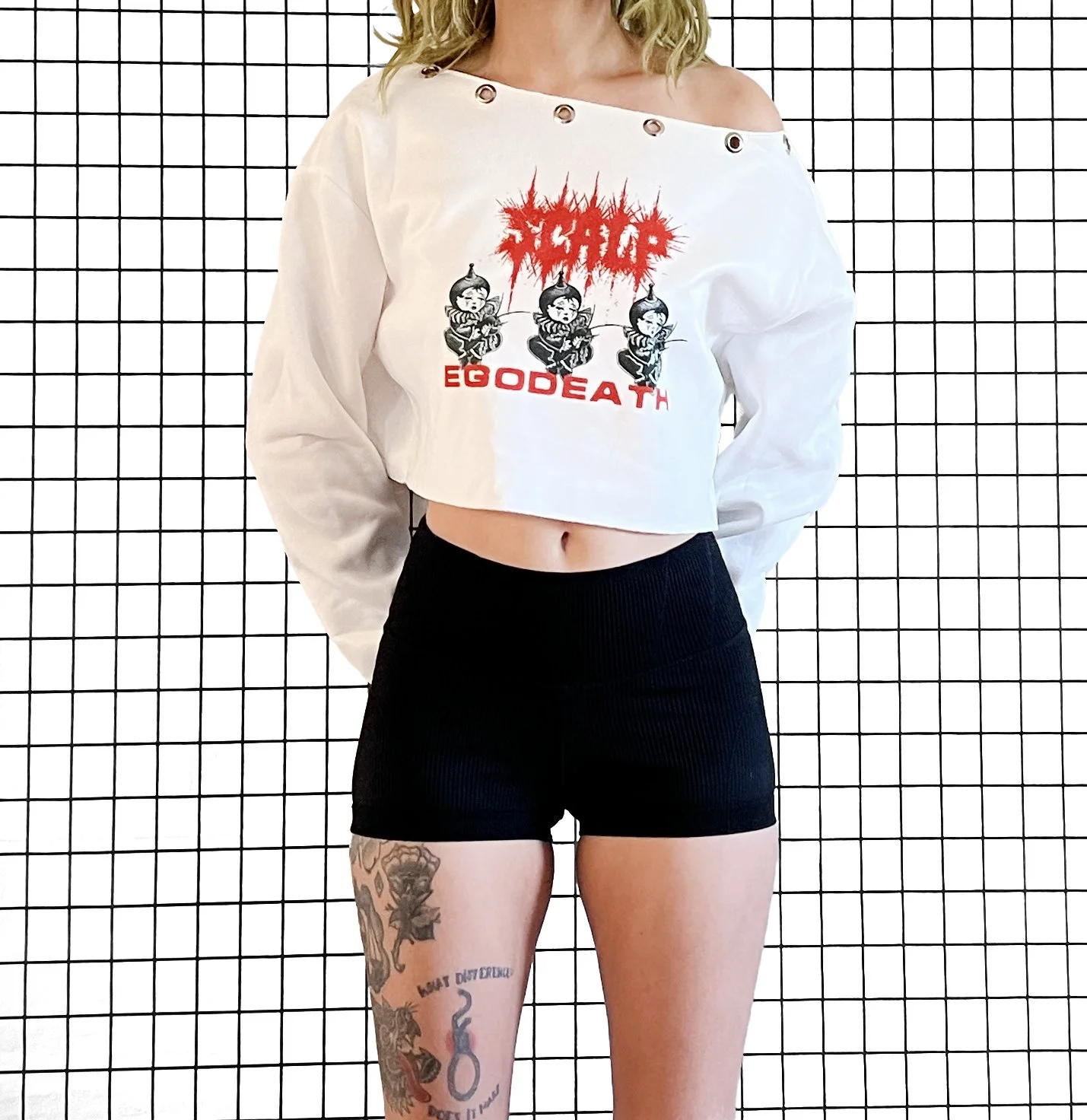 Scalp 'ego death' Off the Shoulder Grommet Sweatshirt, size medium