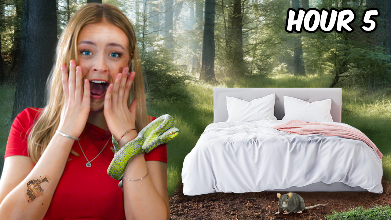A woman in a red shirt with an amazed expression, a green snake on her arm, a bed in a forest setting with a mouse in front of it, and the text "HOUR 5" in the top right corner.