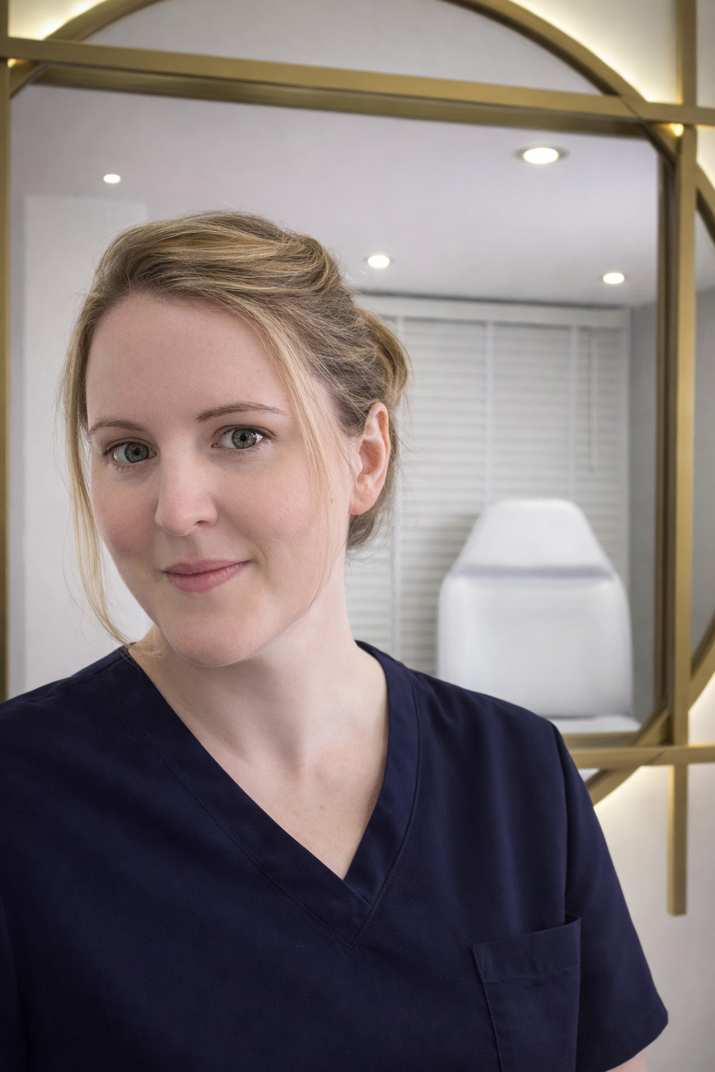 A woman with blonde hair tied back, wearing navy scrubs, standing in front of a mirror with a modern, minimalistic interior background.