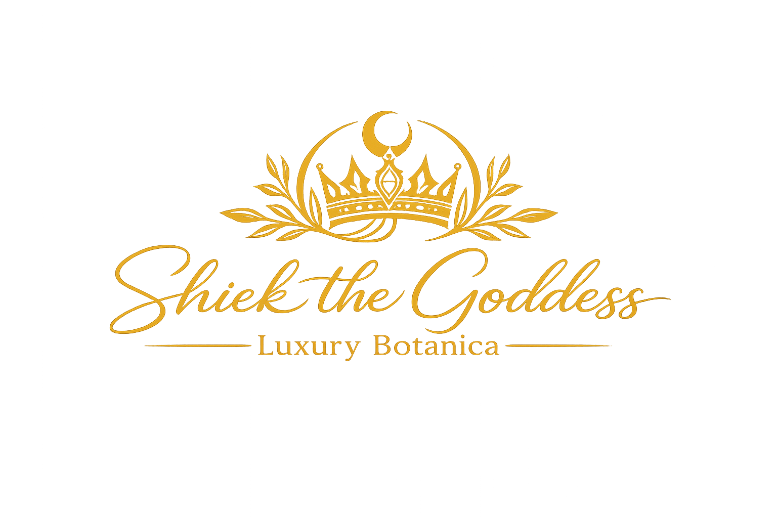 Black background with gold logo featuring a crown and crescent moon, and the text 'Shiek the Goddess Luxury Botanica' in elegant script.