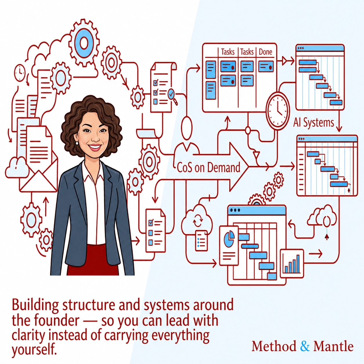 Illustration of a woman in business attire with a background of flowcharts, gears, and documents representing building systems and organizational structure with the text 'Building structure and systems around the founder — so you can lead with clarity instead of carrying everything yourself.'