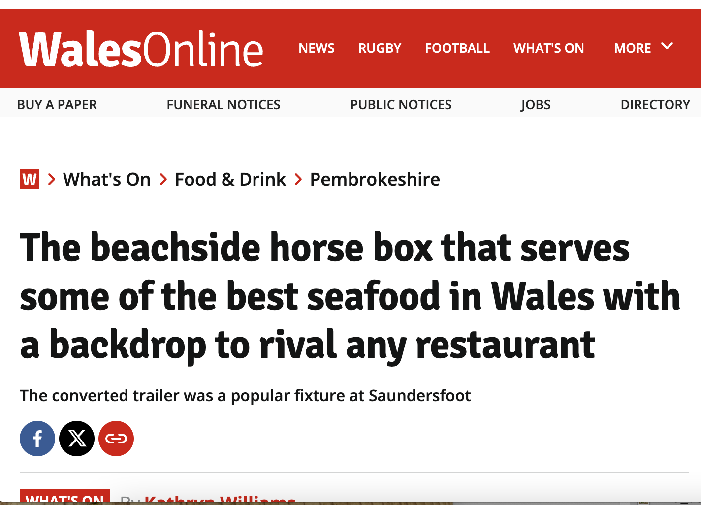 Screenshot of a WalesOnline news webpage article titled 'The beachside horse box that serves some of the best seafood in Wales with a backdrop to rival any restaurant', showing the website's logo, headlines, and menu options.