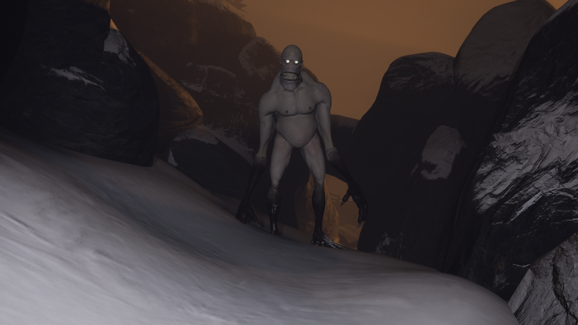 A large, humanoid creature with gray skin, glowing eyes, and sharp teeth stands between snow-covered rocks at dusk.