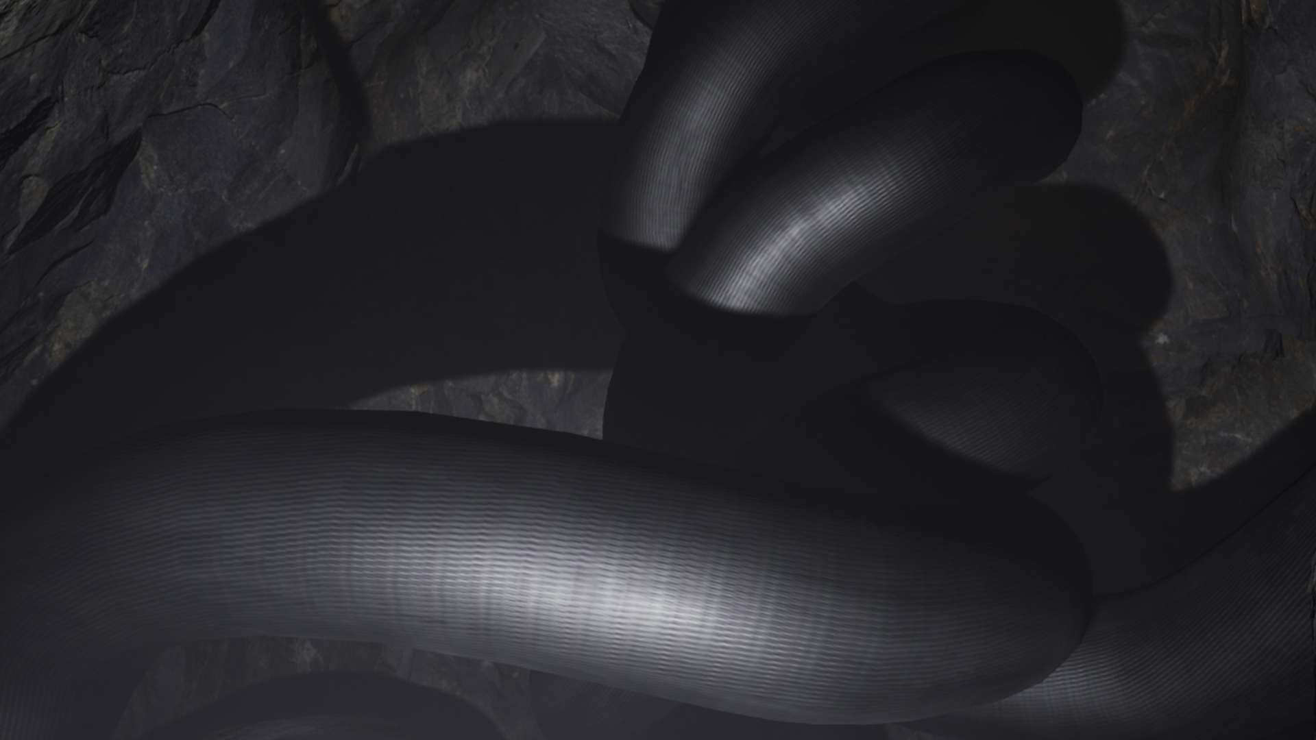Close-up of dark, ribbed hoses or pipes coiled and resting against a rough, rocky surface.