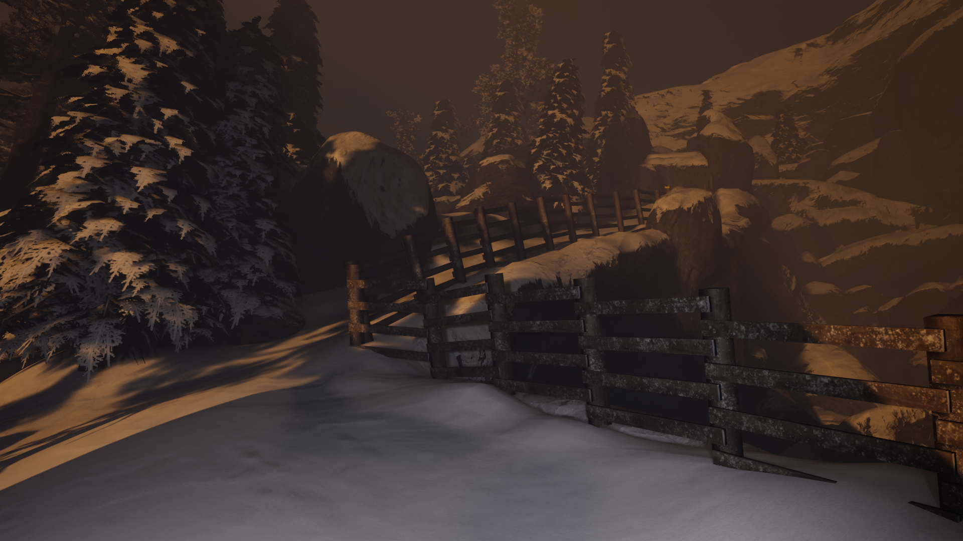 Snow-covered mountains and trees with a wooden fence at night, illuminated by warm light.