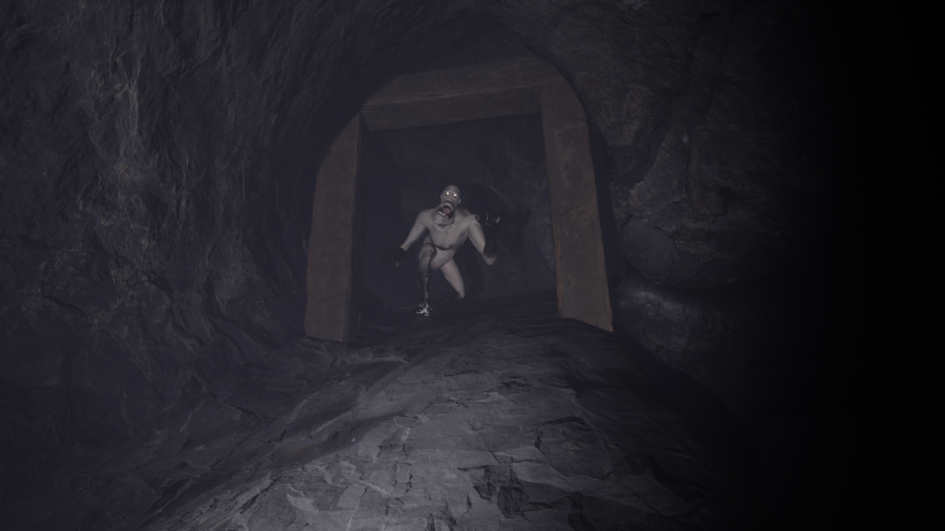 A terrifying humanoid creature with glowing eyes, sharp teeth, and pale skin emerging from a dark, rocky tunnel. The figure appears to be crouching or running towards the camera, with an ominous expression.