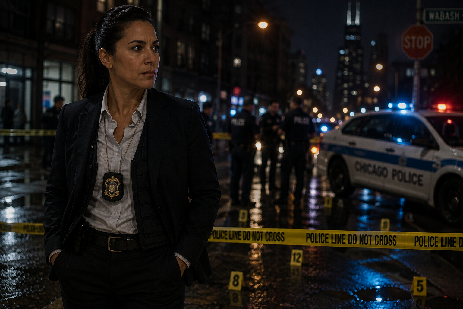 A female police officer stands with her hands in her pockets on a wet city street at night, with police cars and police officers in the background, crime scene tape marked "Police Line Do Not Cross," and city lights reflecting on the wet pavement.
