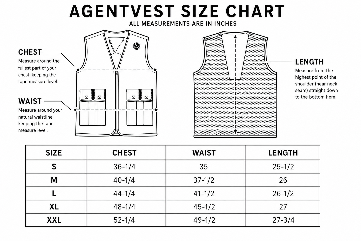 A size chart showing measurements for a vest, with illustrations and instructions. It includes sections for chest, waist, and length measurements, with size options S, M, L, XL, and XXL.