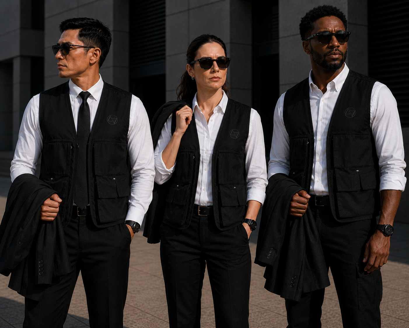 Three stylish business professionals, two men and a woman, walking confidently outdoors in an urban setting, dressed in black vests over white shirts, sunglasses, and carrying jackets.