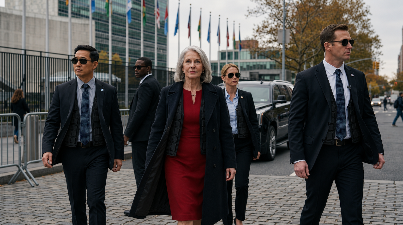 A group of five people, dressed in formal attire and wearing sunglasses, walking outdoors in an urban setting with flags and modern buildings in the background.