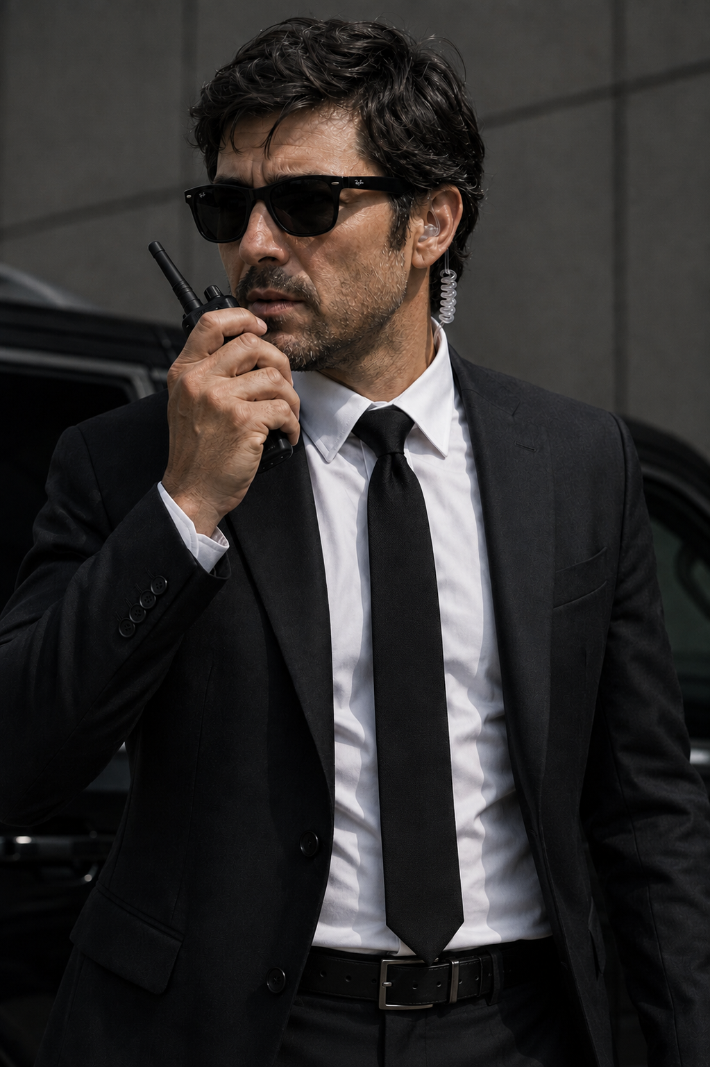 Man dressed in black suit, white shirt, black tie, and black sunglasses holding a walkie-talkie, standing outside near a black vehicle.