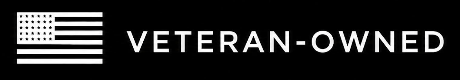 Black background with a stylized American flag in white on the left and the text "VETERAN-OWNED" in white capital letters to the right.
