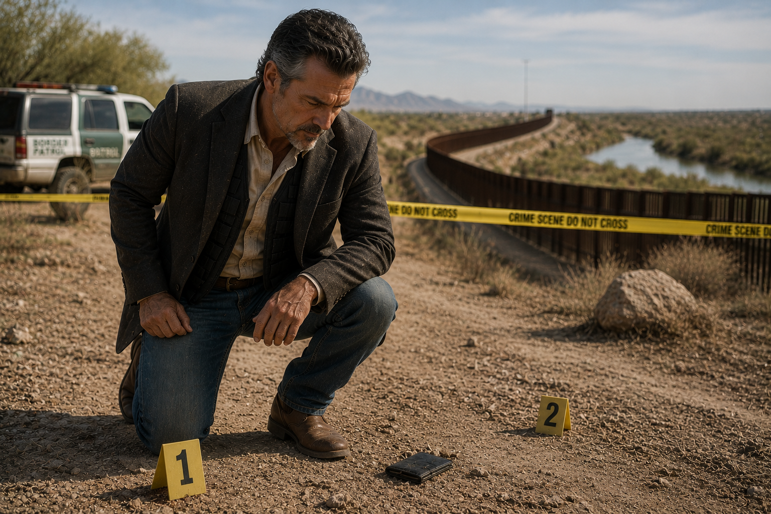 A middle-aged man kneeling on dry dirt ground at a crime scene, examining evidence marked with the number 1. The scene is cordoned off with yellow "CRIME SCENE DO NOT CROSS" tape, with a police vehicle in the background, and a bridge over a river in a desert landscape.
