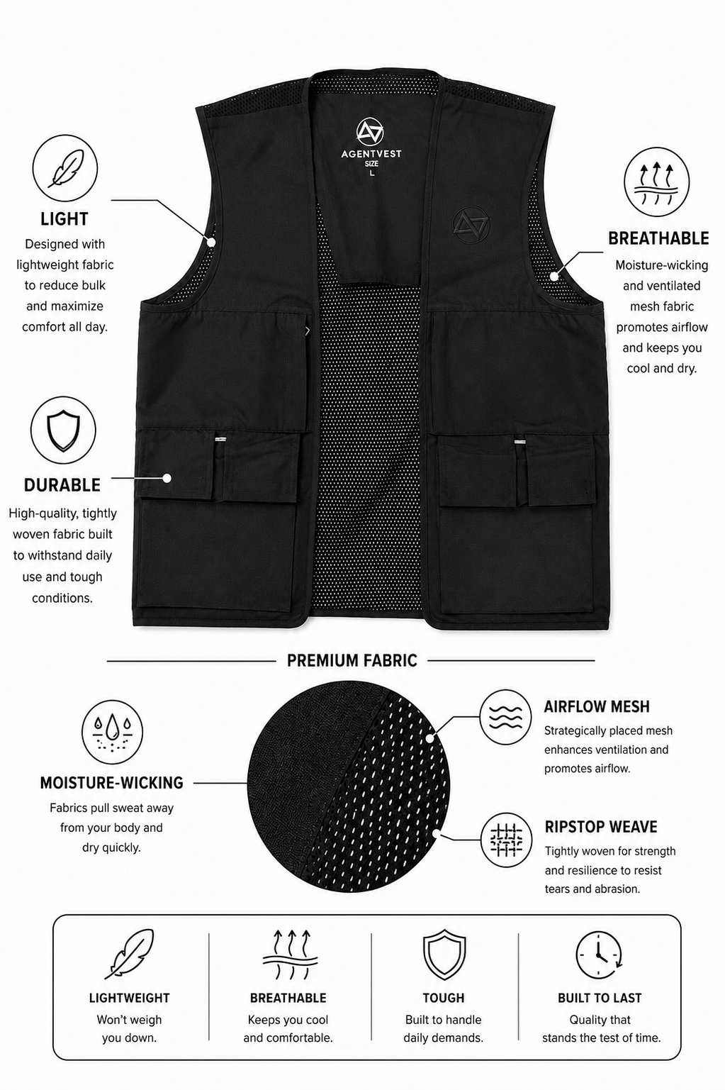 A black utility vest with multiple pockets and labels describing its features, including lightweight, breathable, durable, moisture-wicking, airflow mesh, ripstop weave, and premium fabric.