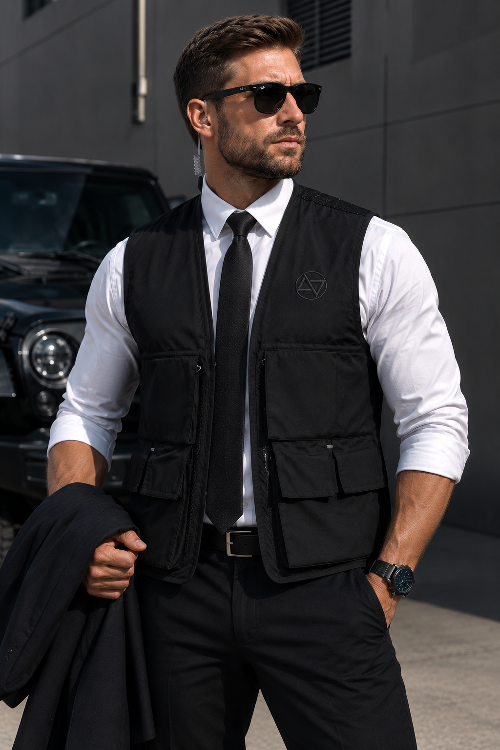 A man in sunglasses and a black vest over a white shirt and tie, standing outdoors with a black vehicle in the background, holding a black jacket in his right hand.
