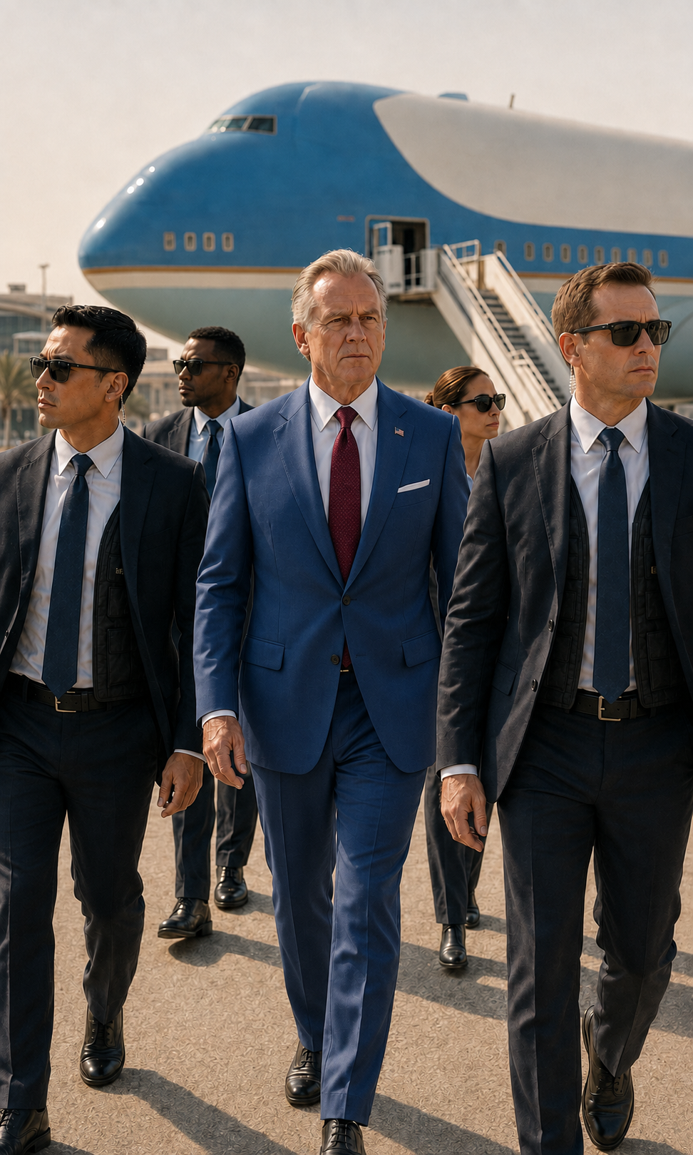 Agents protecting official in the middle east near VIP plane.