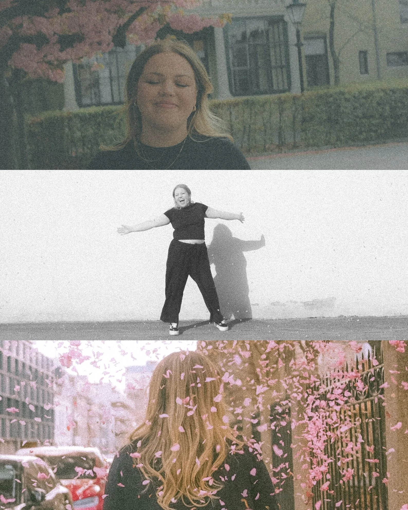 Tre bilder av en kvinne med forskjellige bakgrunner og uttrykk, inkludert en ute under blomstrende trær, en sort-hvitt bilde av personen som hopper med åpne armer, og en bakfra foran en park med rosa blomster, i en bysetting.