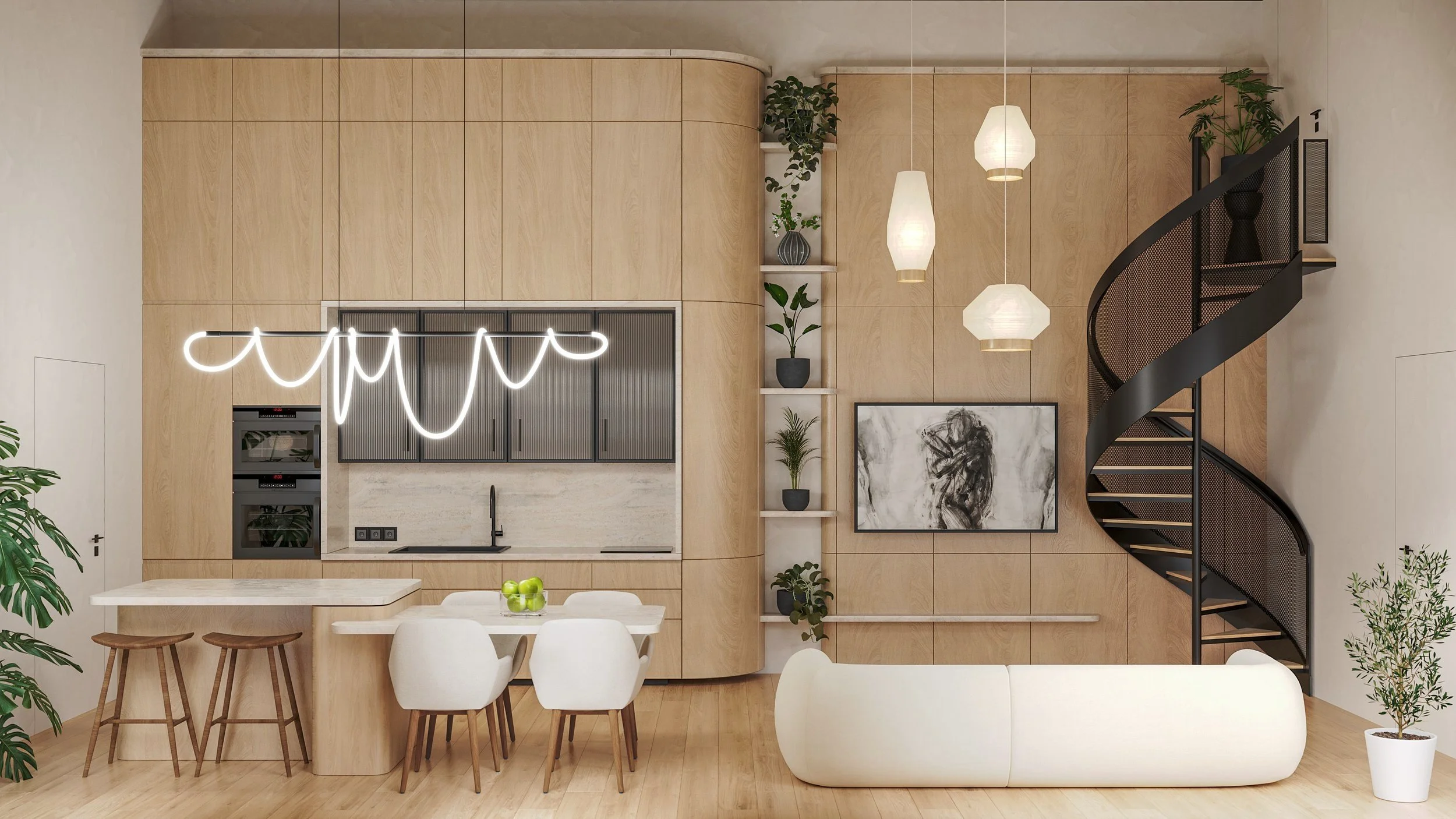 Modern open-concept living space with kitchen, dining area, and spiral staircase, featuring wooden cabinetry, white seating, green plants, and pendant lighting.