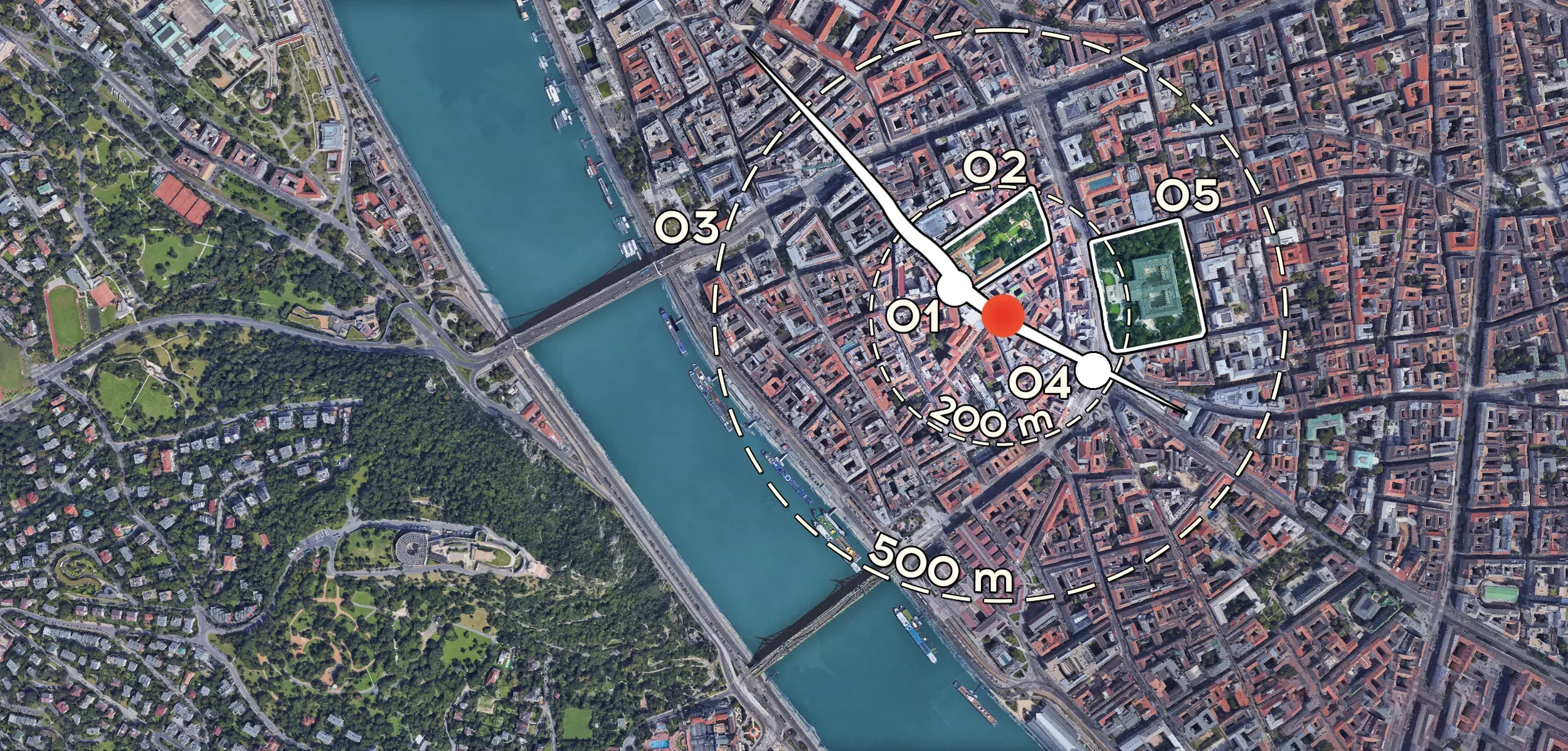 Térkép a budapesti belvárosról a szabadság és az Erzsébedhíd közti szakaszról.