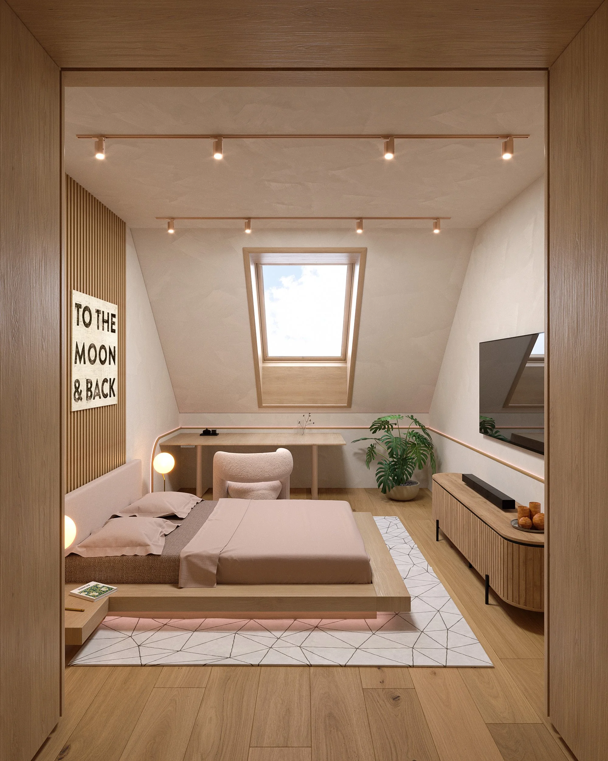 Egy hangulatos hálószoba fa díszítéssel, alacsony ággyal bézs ágyneművel, nagy ablakkal a mennyezeten, egy fehér karosszékkel az íróasztalnál és egy falon lévő táblával, amelyen az „A Holdra és vissza” felirat olvasható.