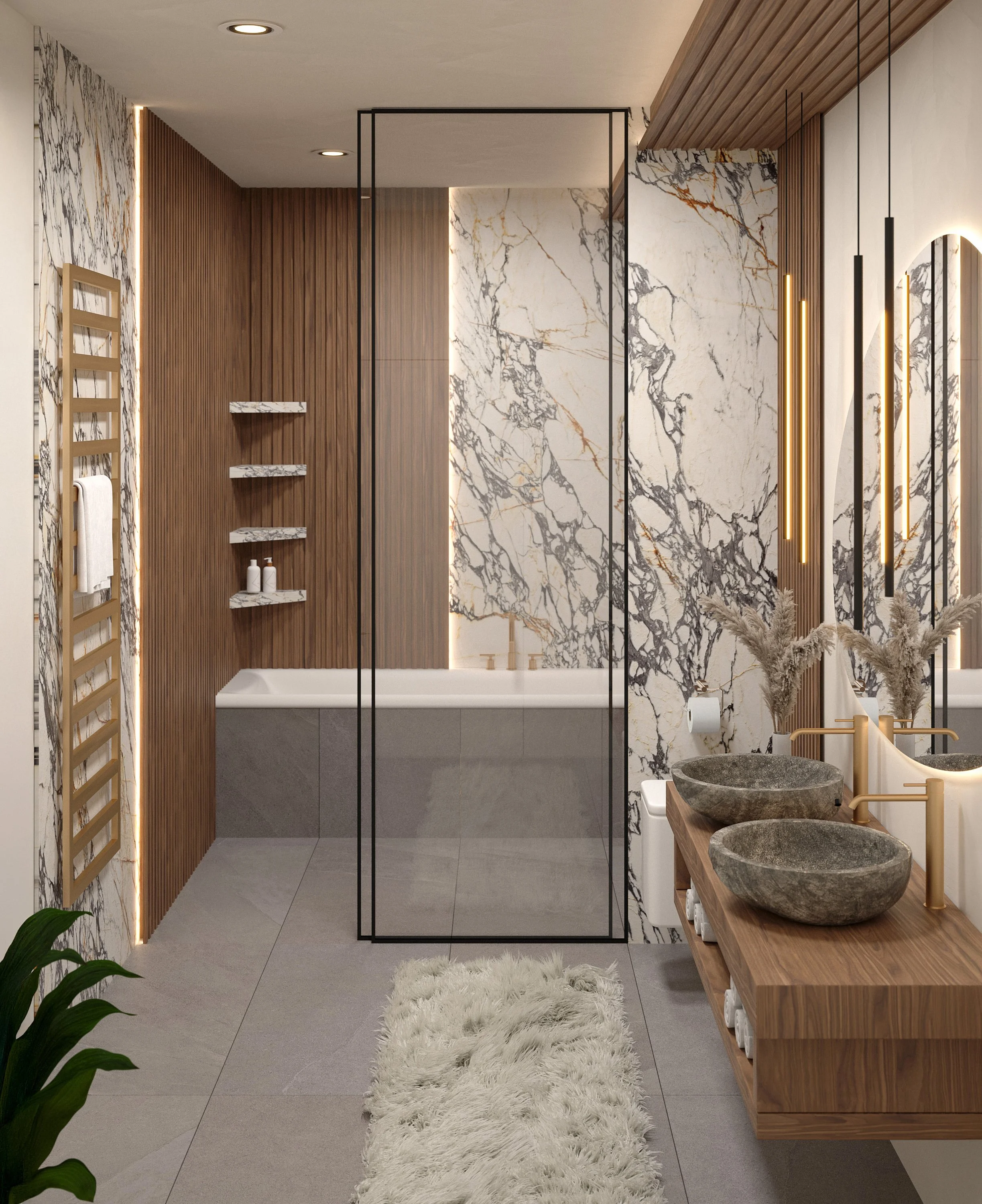 Modern bathroom with marble walls, wooden accents, double stone sinks, and a glass shower enclosure. Modern fürdőszoba márványfalakkal, fa díszítőelemekkel, dupla kőmosdóval és üveg zuhanykabinnal.