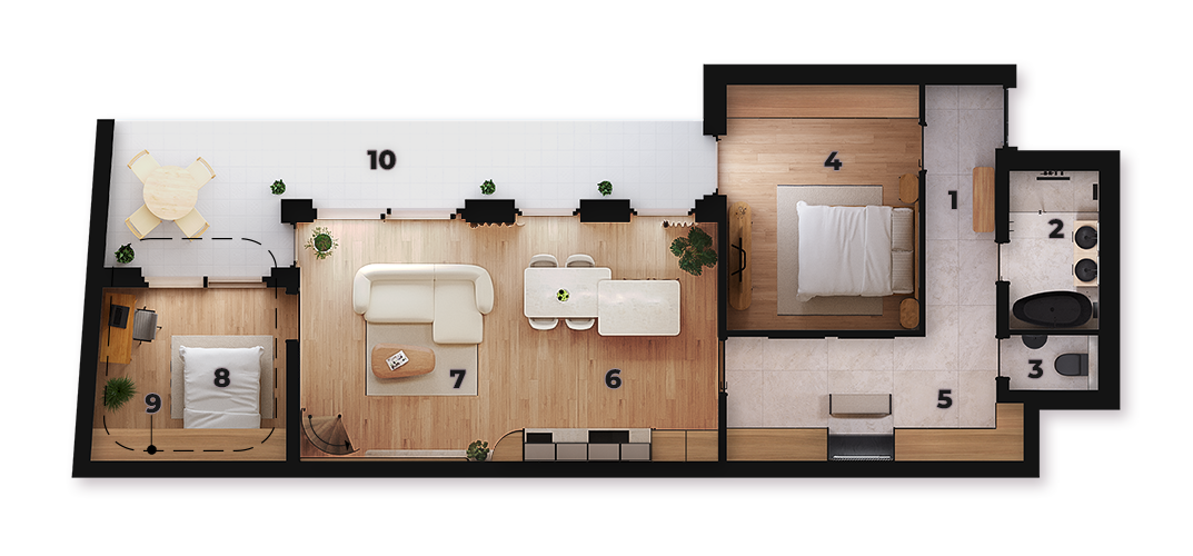 3-szobás, teraszos luxus penthouse lakás alaprajza.