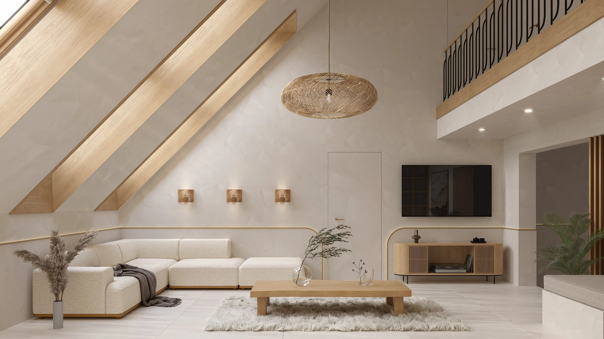 Modern nappali tölgyfa dohányzóasztallal, Japán és Skandináv "Japandi" stílusjegyekkel.