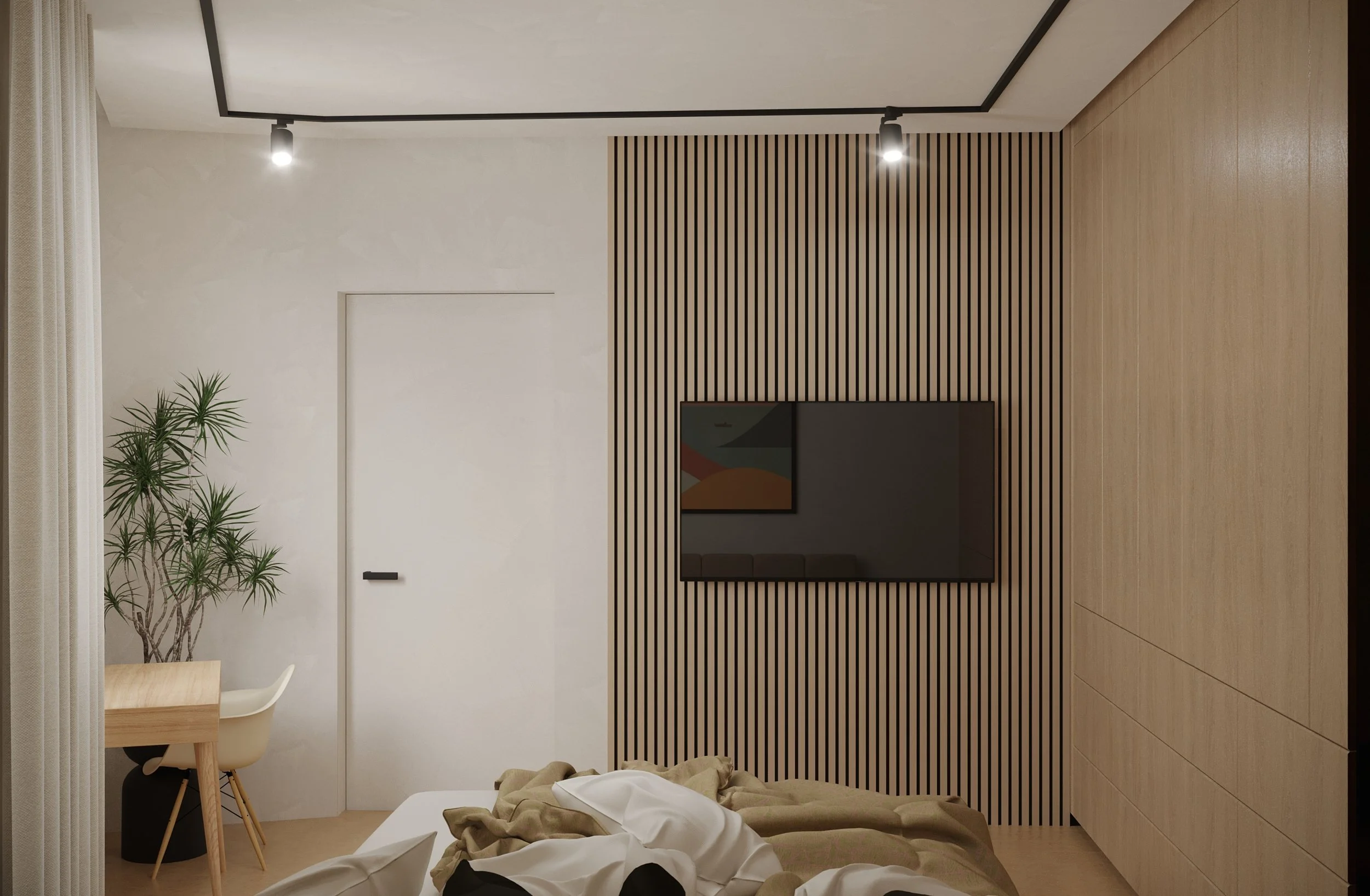 Modern bedroom with a wall-mounted TV, wooden panel accent wall, bed with rumpled bedding, a small dining table with a white chair, a tall plant, and simple ceiling lights.