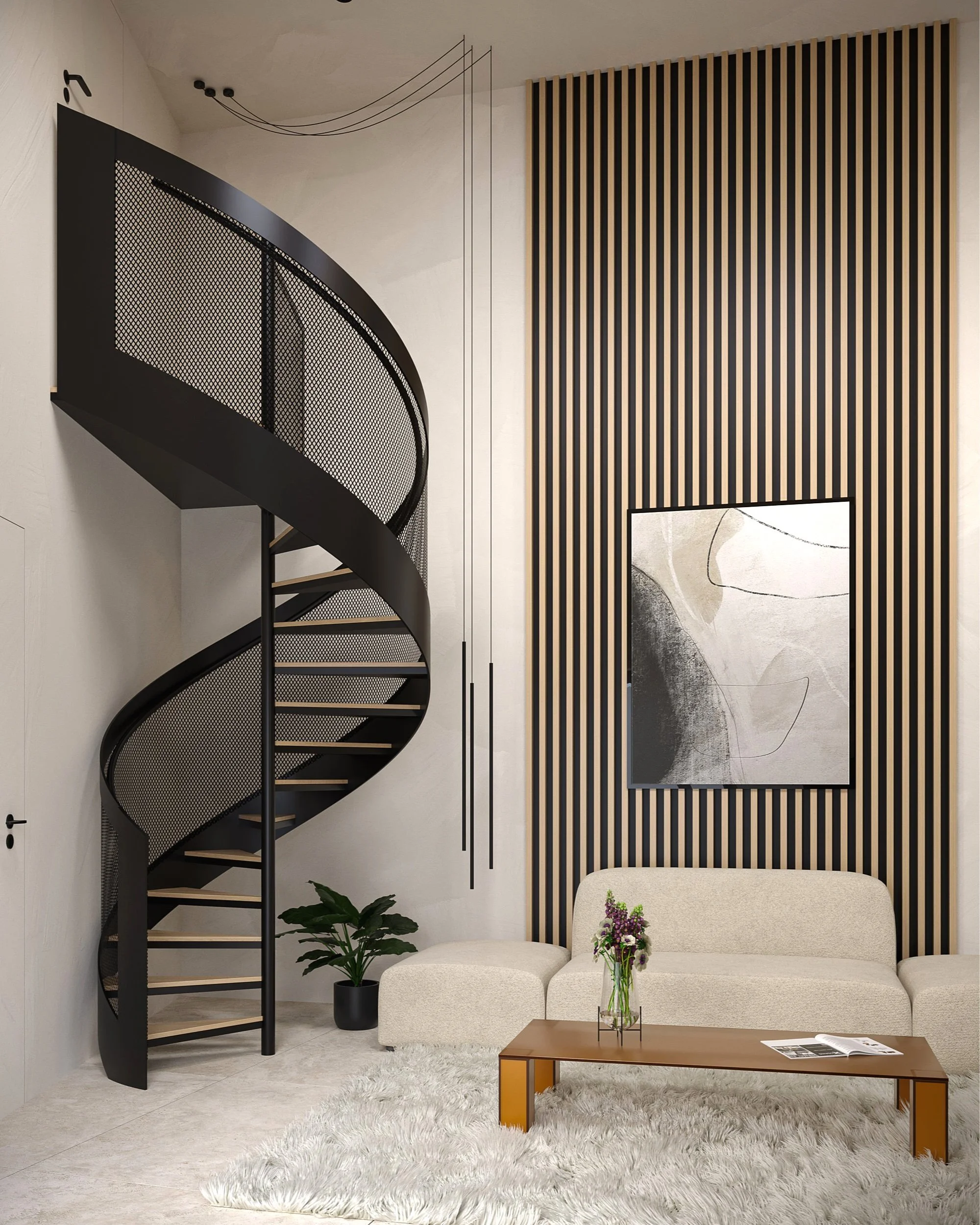 Luxus lakás modern nappalija fekete csigalépcsővel, bézs kanapéval, fa dohányzóasztallal, fekete-fehér absztrakt műalkotással, csíkozott fa falburkolattal és puha, fehér szőnyeggel.