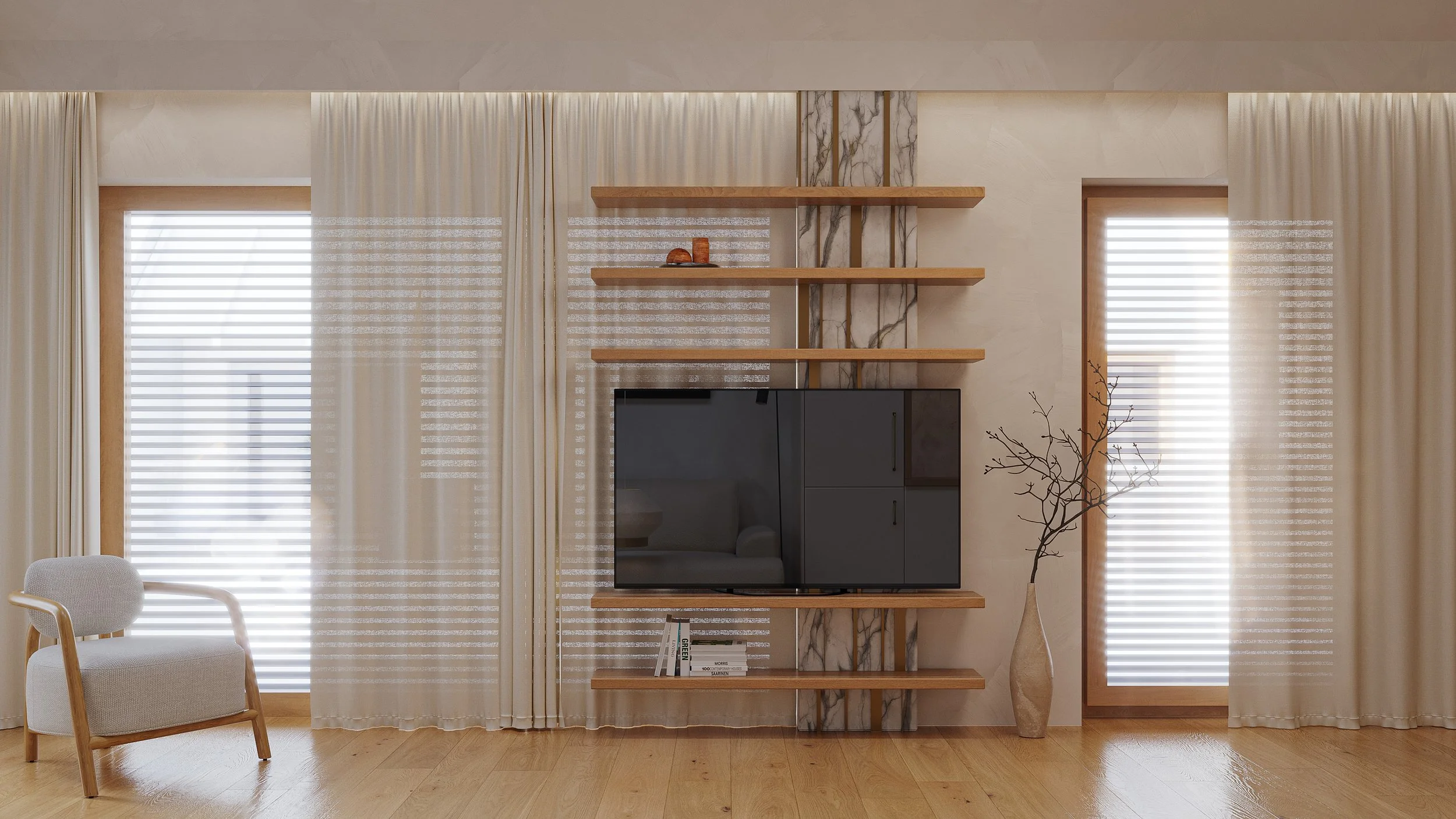 Living room with beige curtains, wooden shelves, a black television on a wooden stand, a large beige vase with branches, and a light-colored armchair, all on wooden flooring.