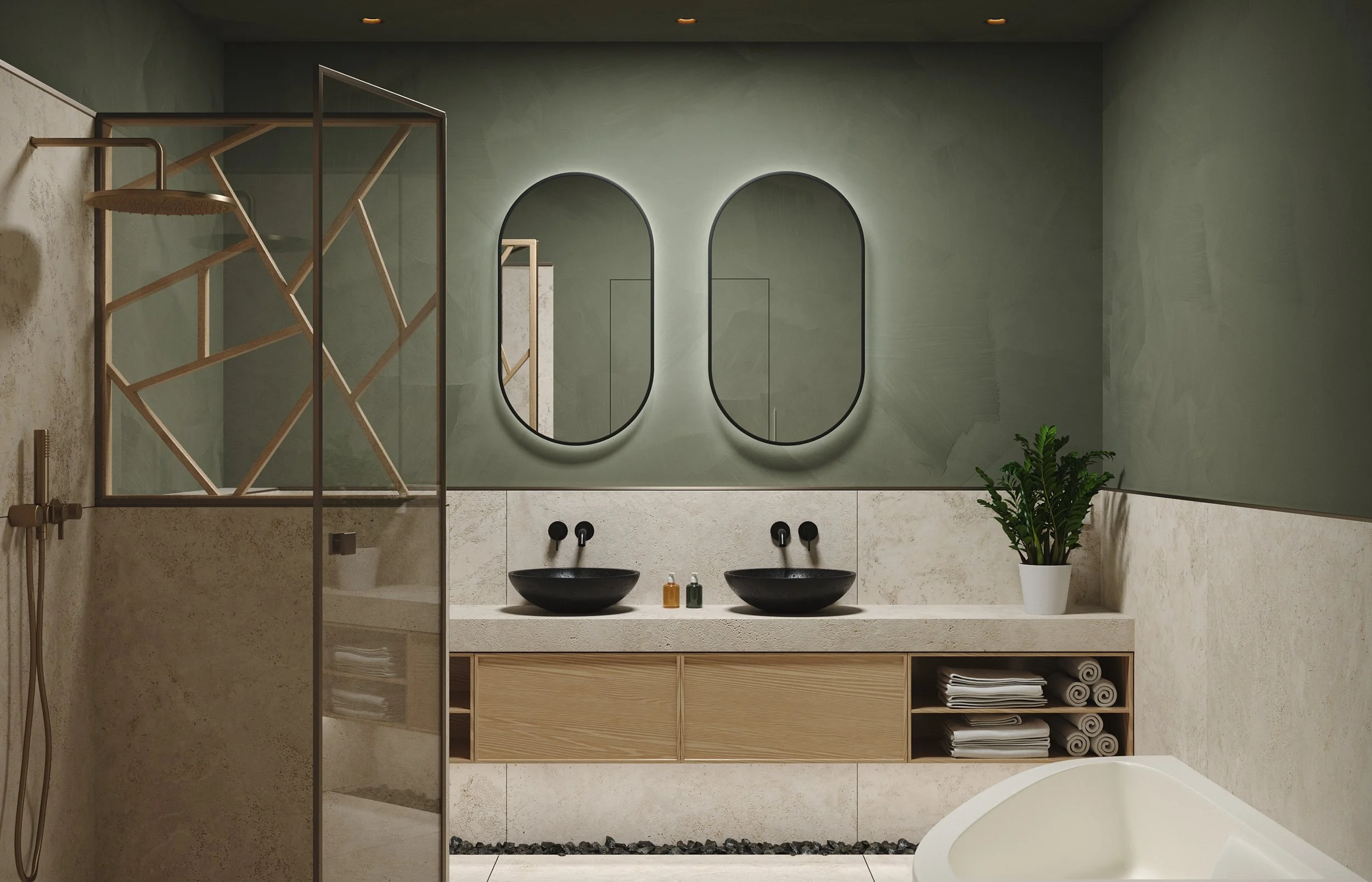 Modern bathroom with dual black vessel sinks, two oval mirrors with backlighting, a potted plant, wooden cabinet with rolled towels, and a glass shower enclosure with a geometric wooden shower panel.