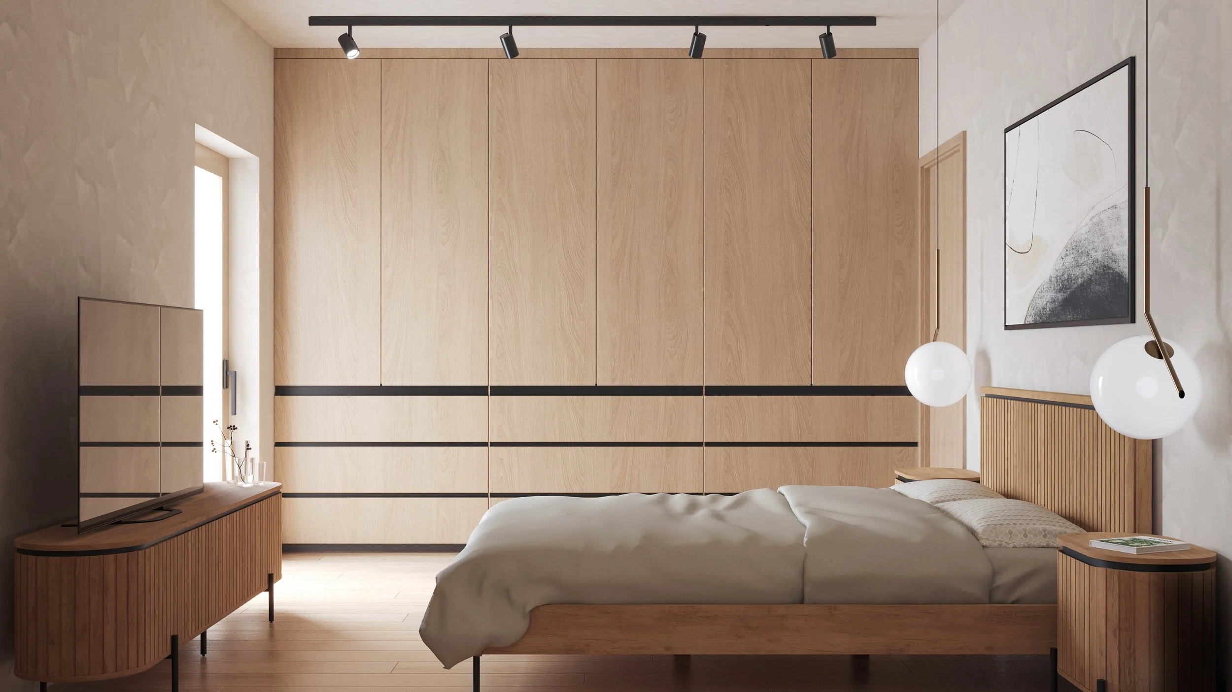 Modern bedroom with a wooden bed, bedside table, and a large wardrobe. Two white spherical pendant lights hang on either side of the bed, and a large framed abstract artwork is on the wall. A flat-screen TV is on a wooden TV stand near a window.