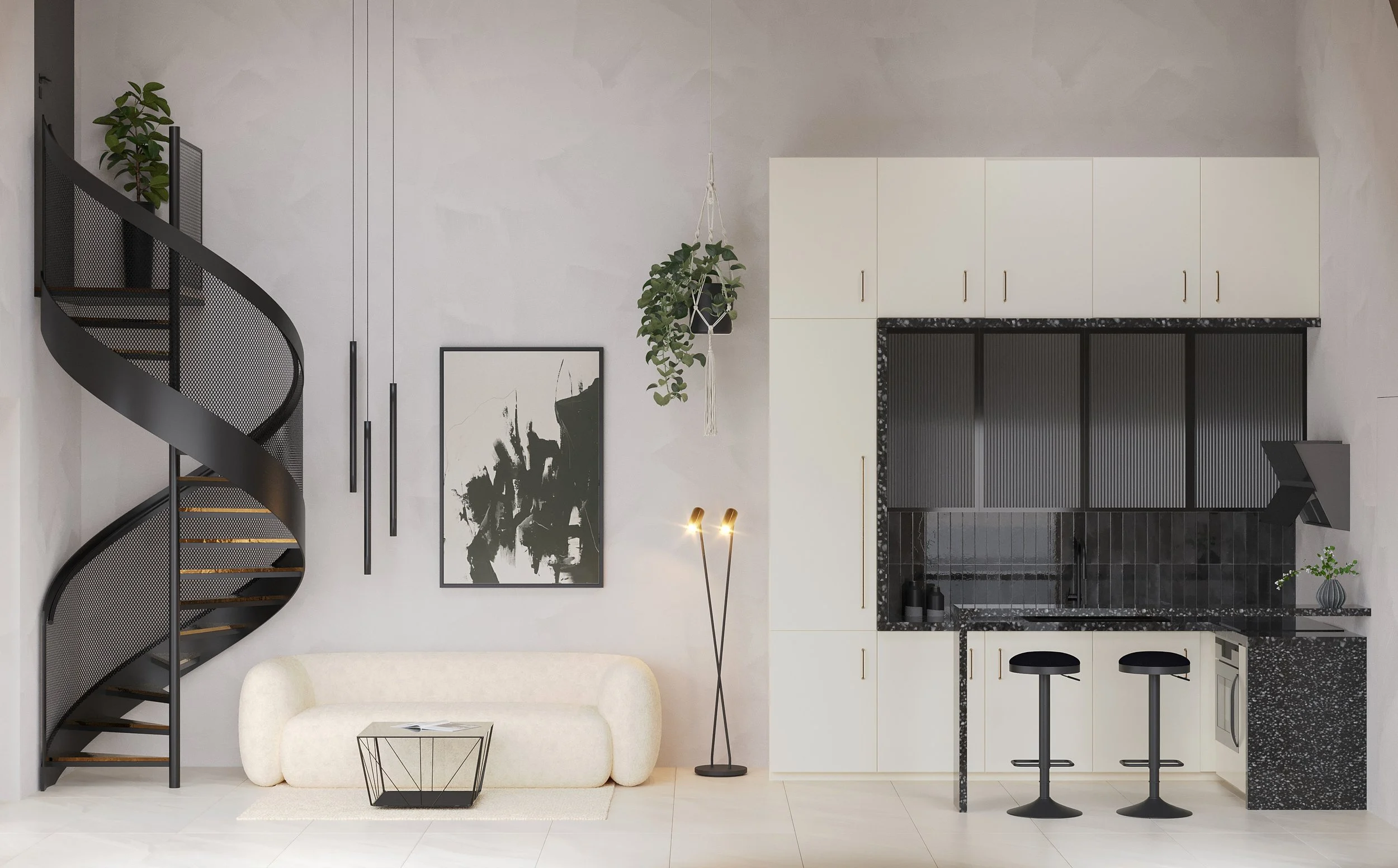 Modern, luxus lakás nappali-konyha látványterve, bárszékekkel, reggeliző pulttal. Dizájn csigalépcsővel.