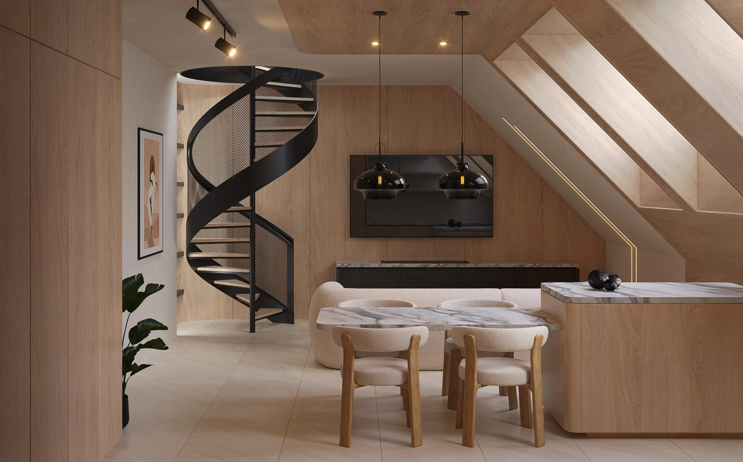 Modern living room with light wood walls and ceiling, marble dining table, beige chairs, a curved sofa, black flat-screen TV, black pendant lights, spiral staircase, and a potted plant.