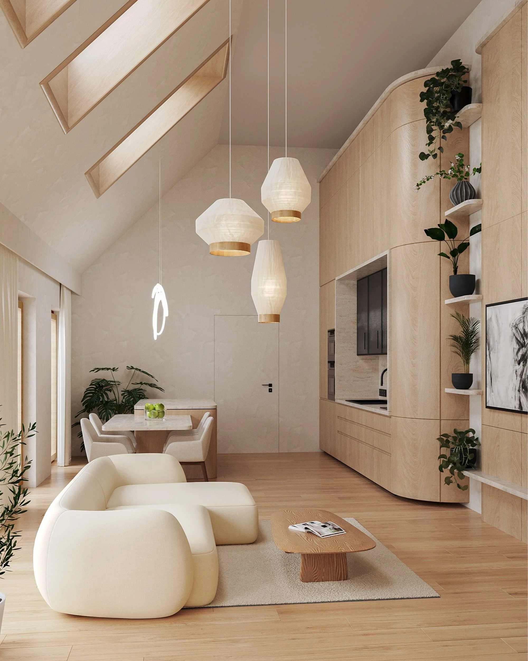Modern living room with cream-colored sofa, small wooden coffee table, light wooden flooring, and a dining area with white chairs and a marble table. The room features wooden walls, shelves with potted plants, pendant lights hanging from a vaulted ceiling with skylights, and minimalist decor.