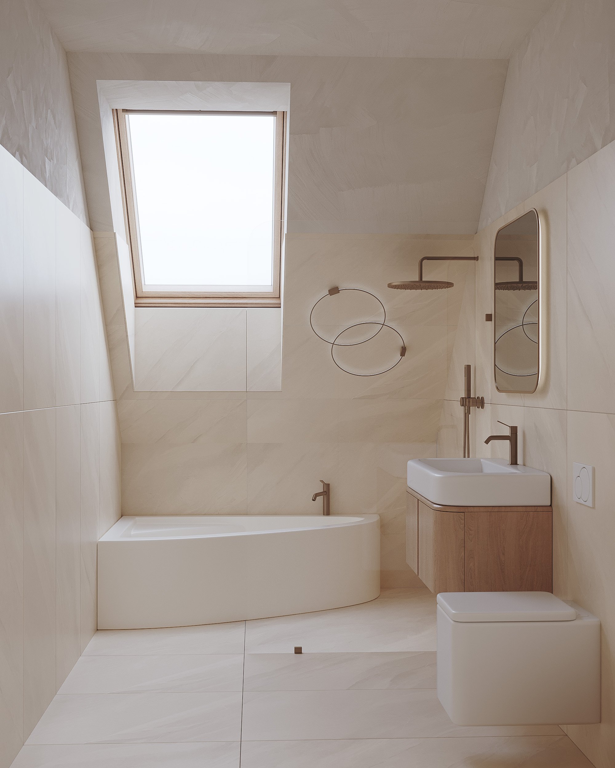 Minimalist bathroom featuring a skylight, bathtub, wall-mounted sink with wooden cabinet, mirror, and modern fixtures.