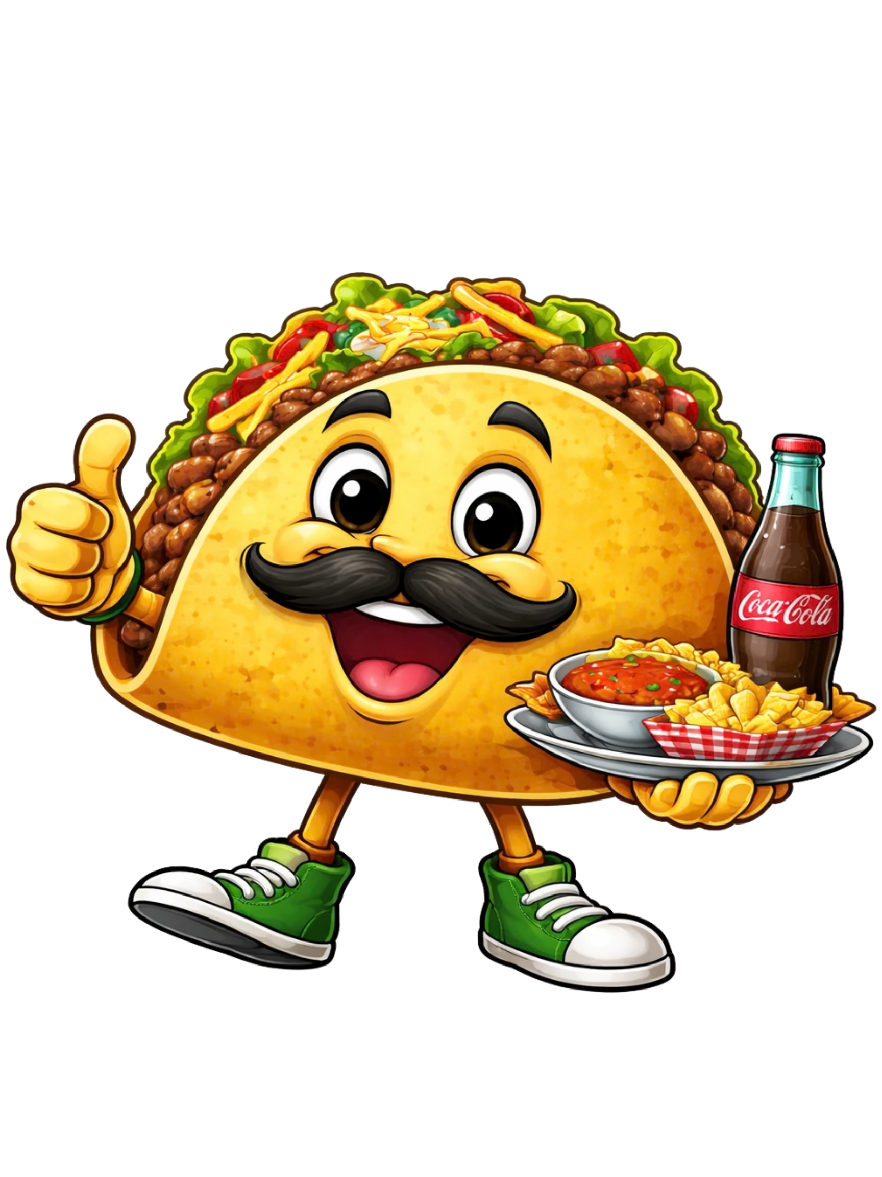 A cartoon taco character with a smiling face, mustache, and green sneakers, giving a thumbs up and holding a tray with chili, French fries, a Coke, and a bowl of chili, set against a black background.