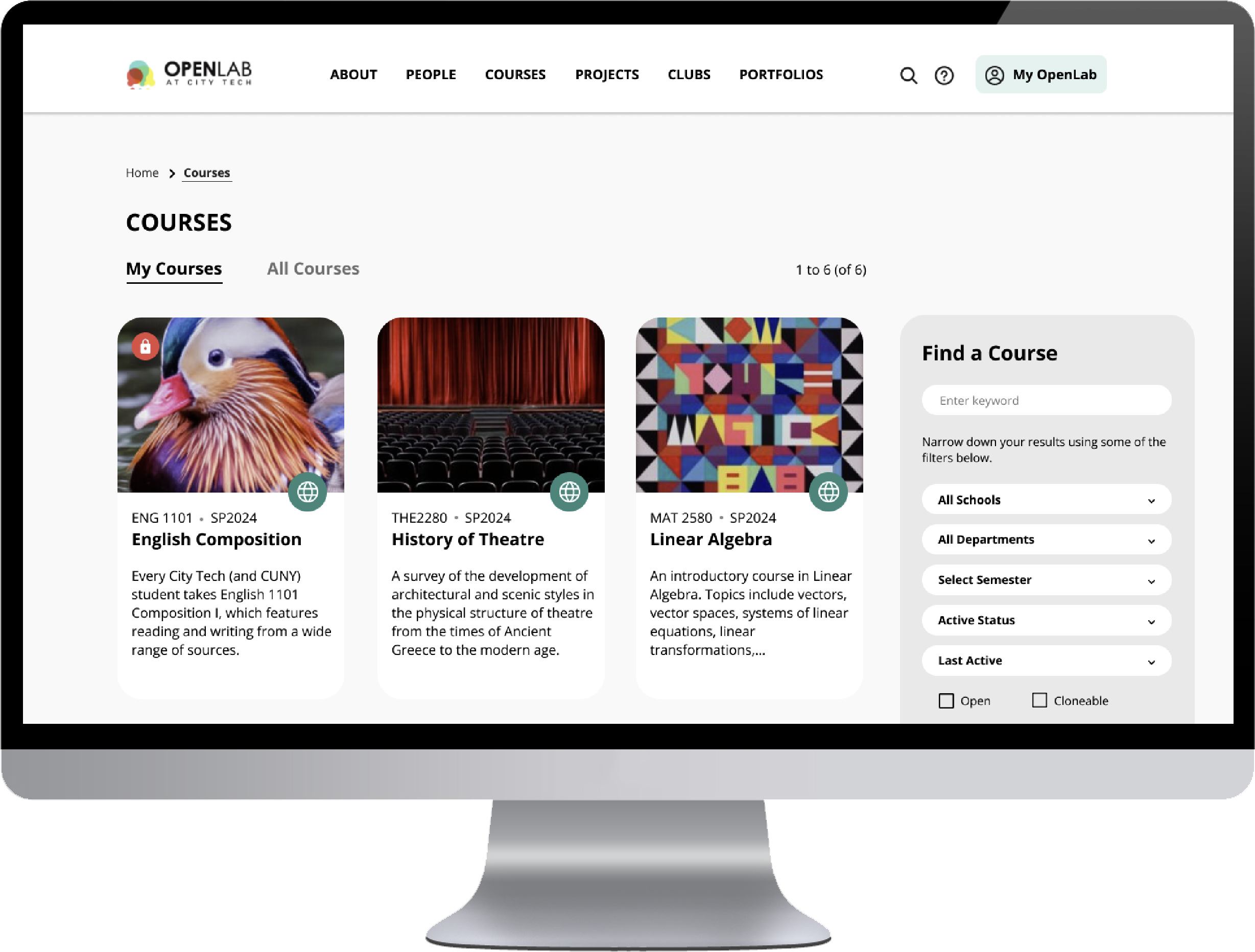 A desktop wireframe prototype of CityTech OpenLab’s website to display the interface, UX/UI and design strategy