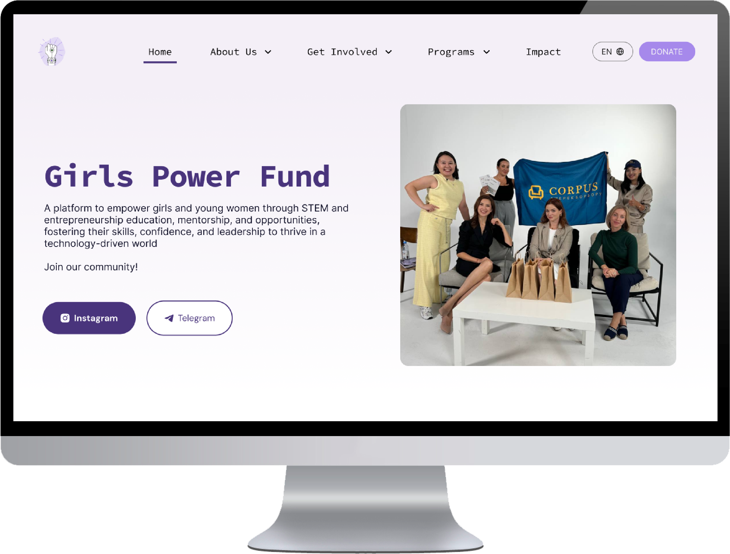 A desktop wireframe prototype of the nonprofit - Girls Power Fund - website to display the UX/UI and design strategy to encourage supports to learn more and/or donate