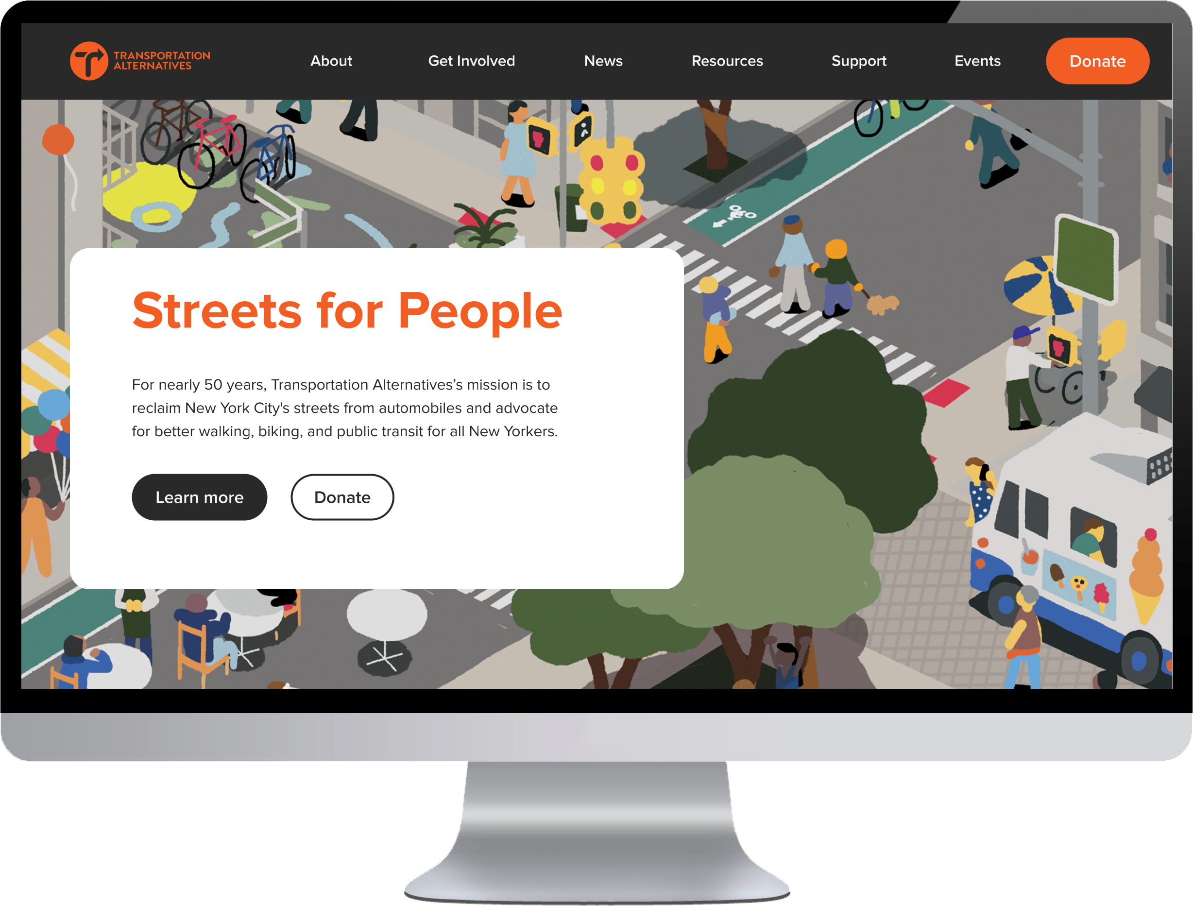 A desktop wireframe prototype of the nonprofit - Transportation Alternatives - website to display the UX/UI and design strategy to encourage activists to learn more, volunteer and donate