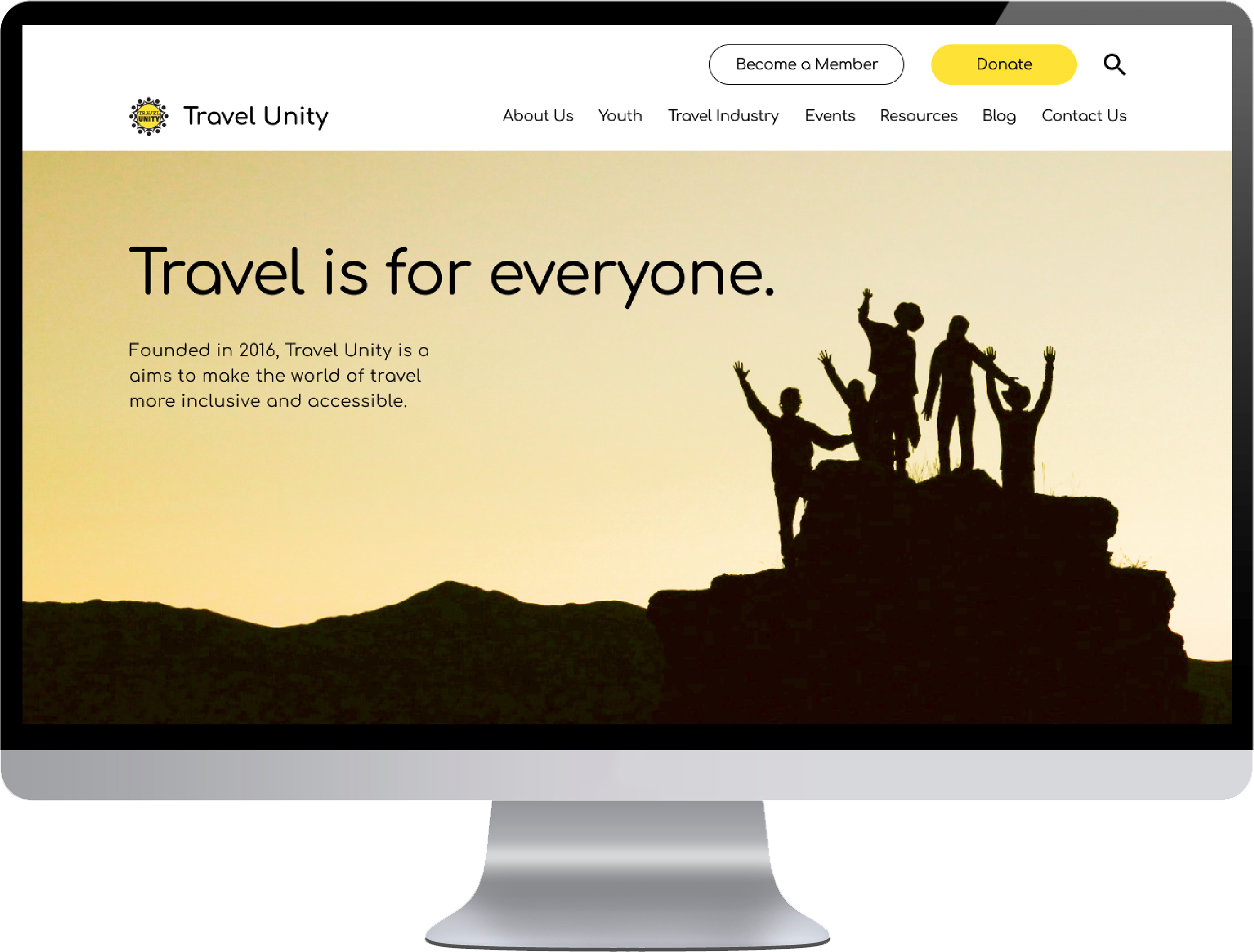 A desktop wireframe prototype of Travel Unity’s website to display the interface, UX/UI and design strategy; the call to actions are to Become a Member and Donate