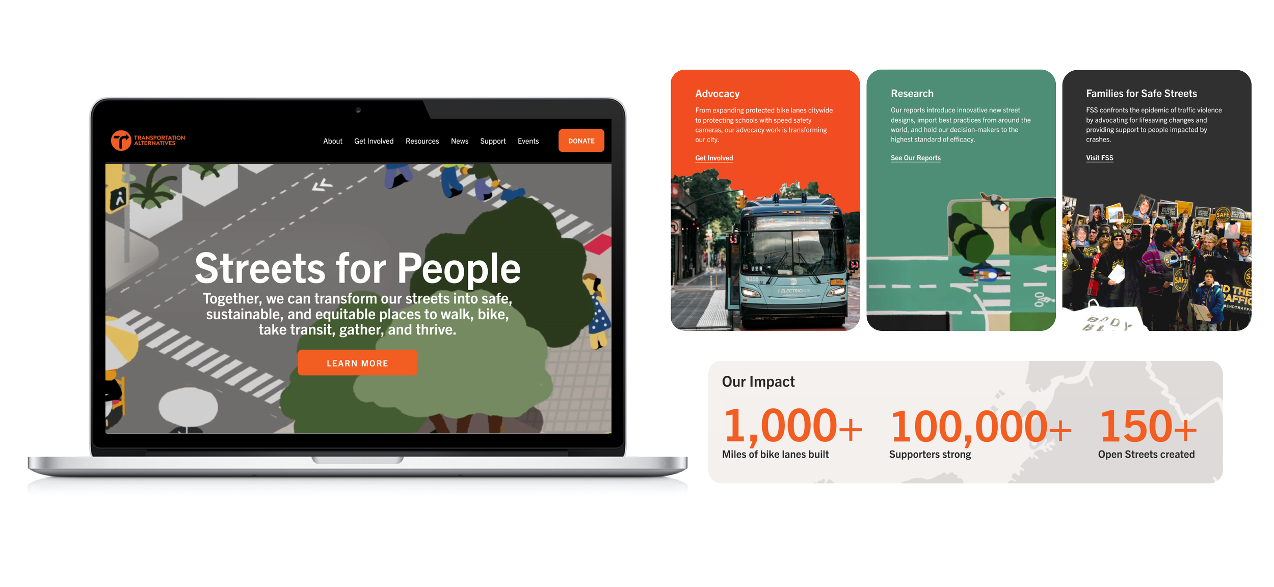 UX/UI Design Strategy for the nonprofit - Transportation Alternatives' - website to display the UX/UI. The Call-to-Actions include Learning More and Donating.