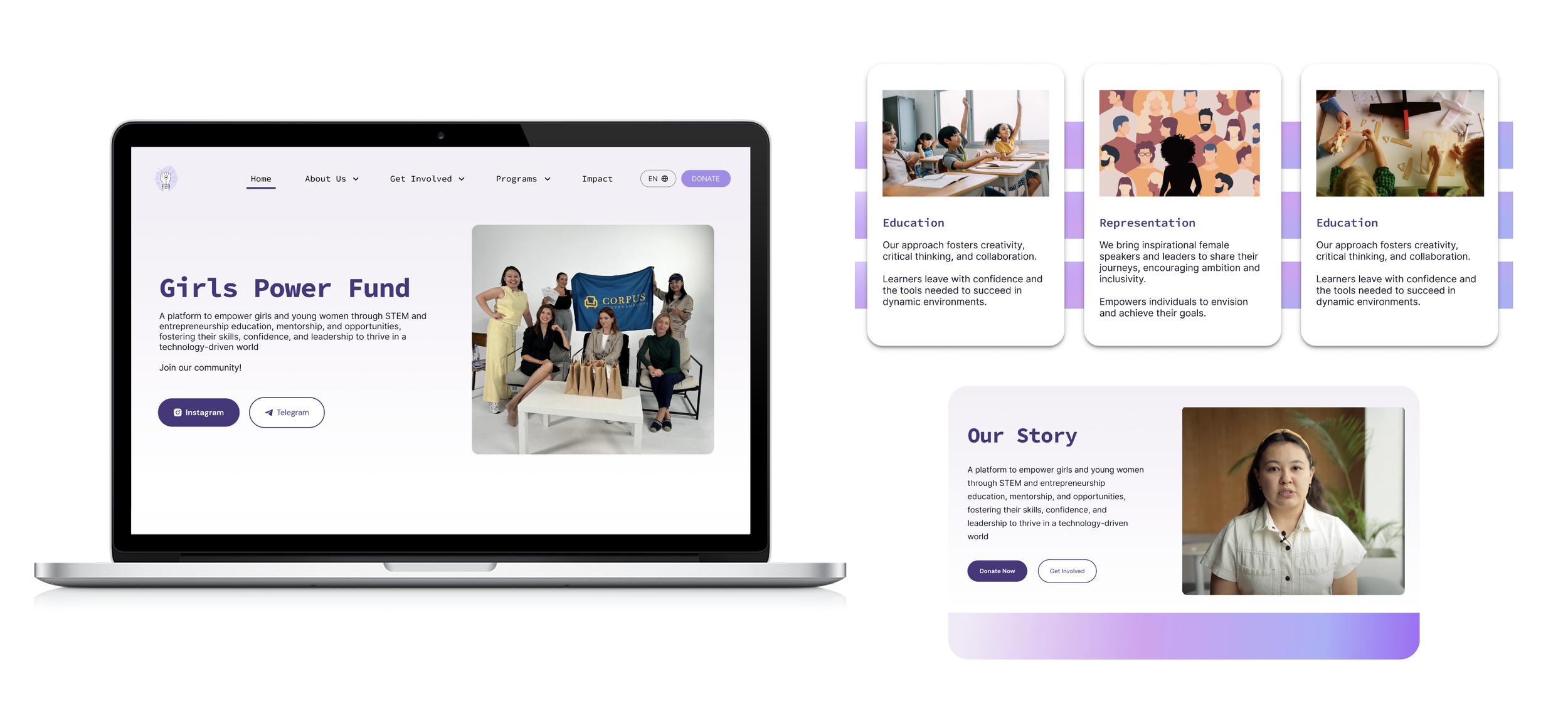 UX/UI Design Strategy for the nonprofit - Girls Power Fund - website to display the UX/UI. The Call-to-Actions include Learning More and Donating.
