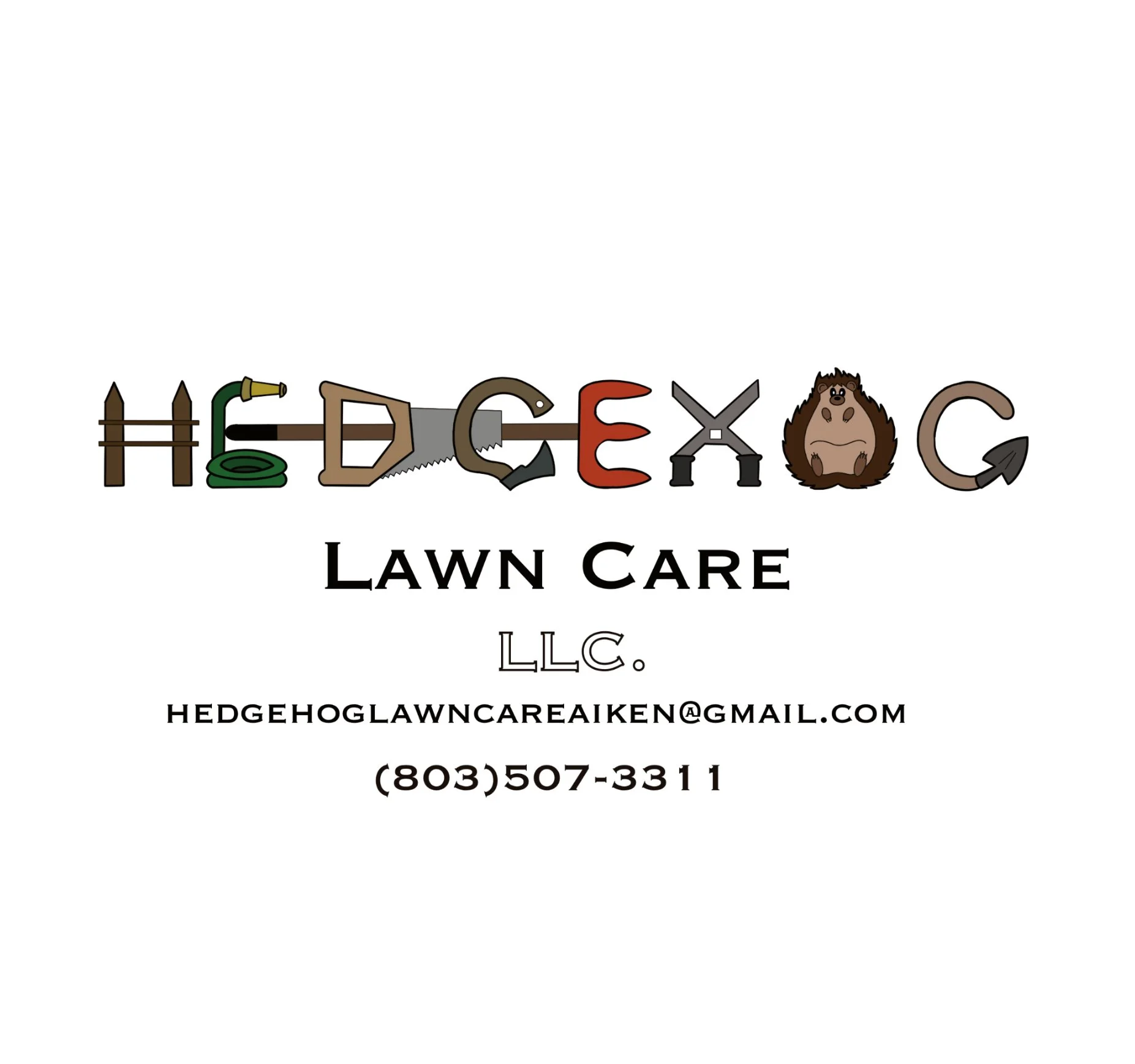 Hedgehog Lawn Care LLC logo featuring a creative design spelling "HEDGEHOG" using lawn care tools like a hose, saw, and hedge shears. Contact details include an email address and phone number.