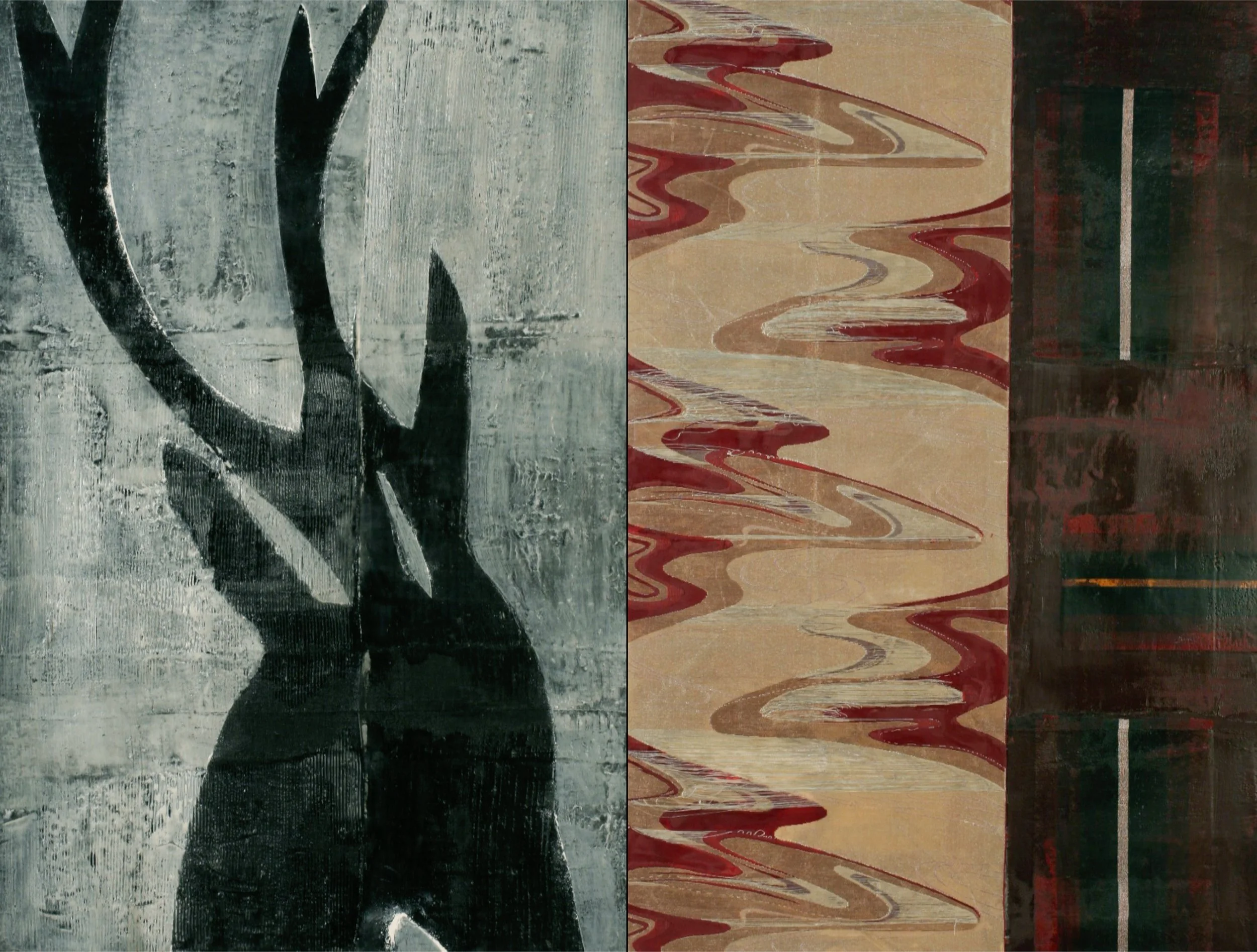 Ghost Deer Series, Red Obi, Diptych, beeswax, oil, dry pigment, vintage Japanese textile, on cradled panel, 30 in x 40 in