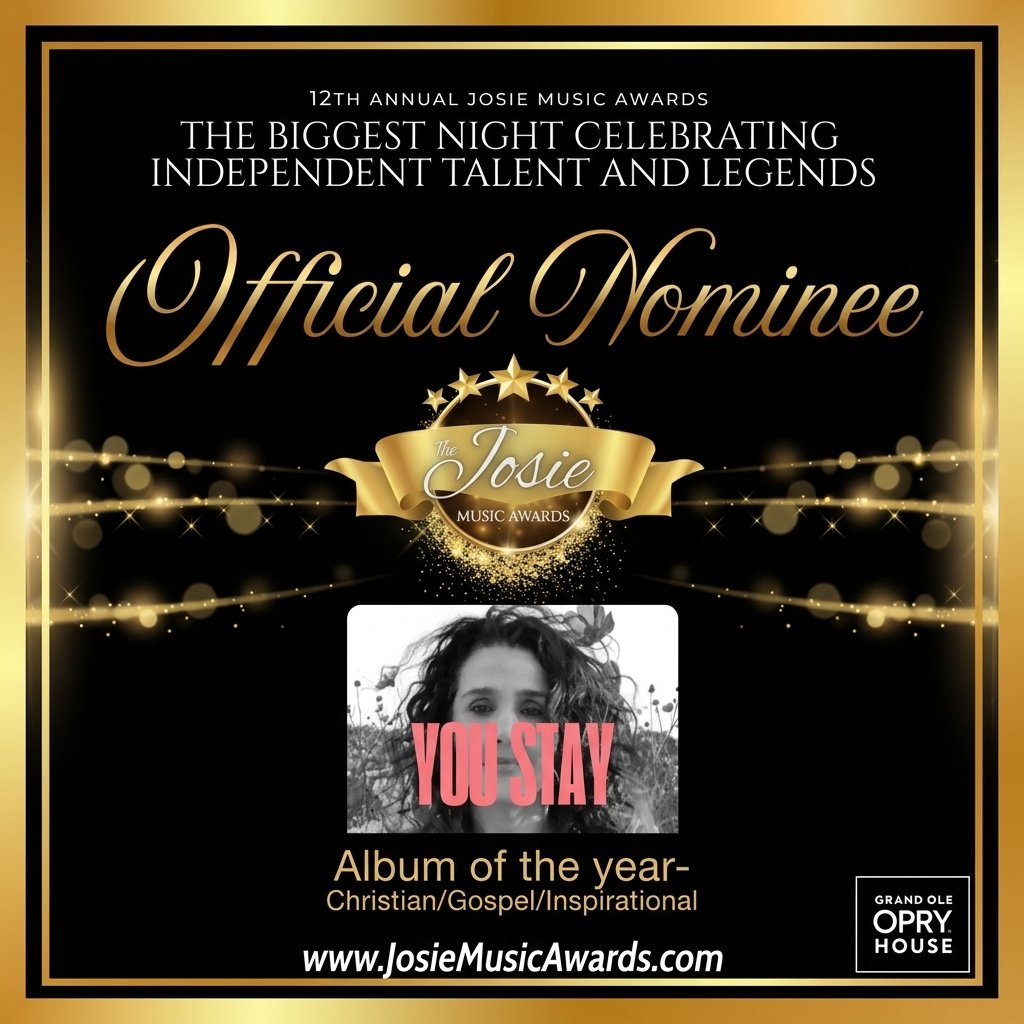 Award plaque for the 12th Annual Josie Music Awards, highlighting the official nominee for Album of the Year, 'You Stay' by an artist with a black and white photo. The design features gold and black colors, stars, and a ribbon with the award's name, with text indicating the album's genres as Christian, Gospel, and Inspirational.