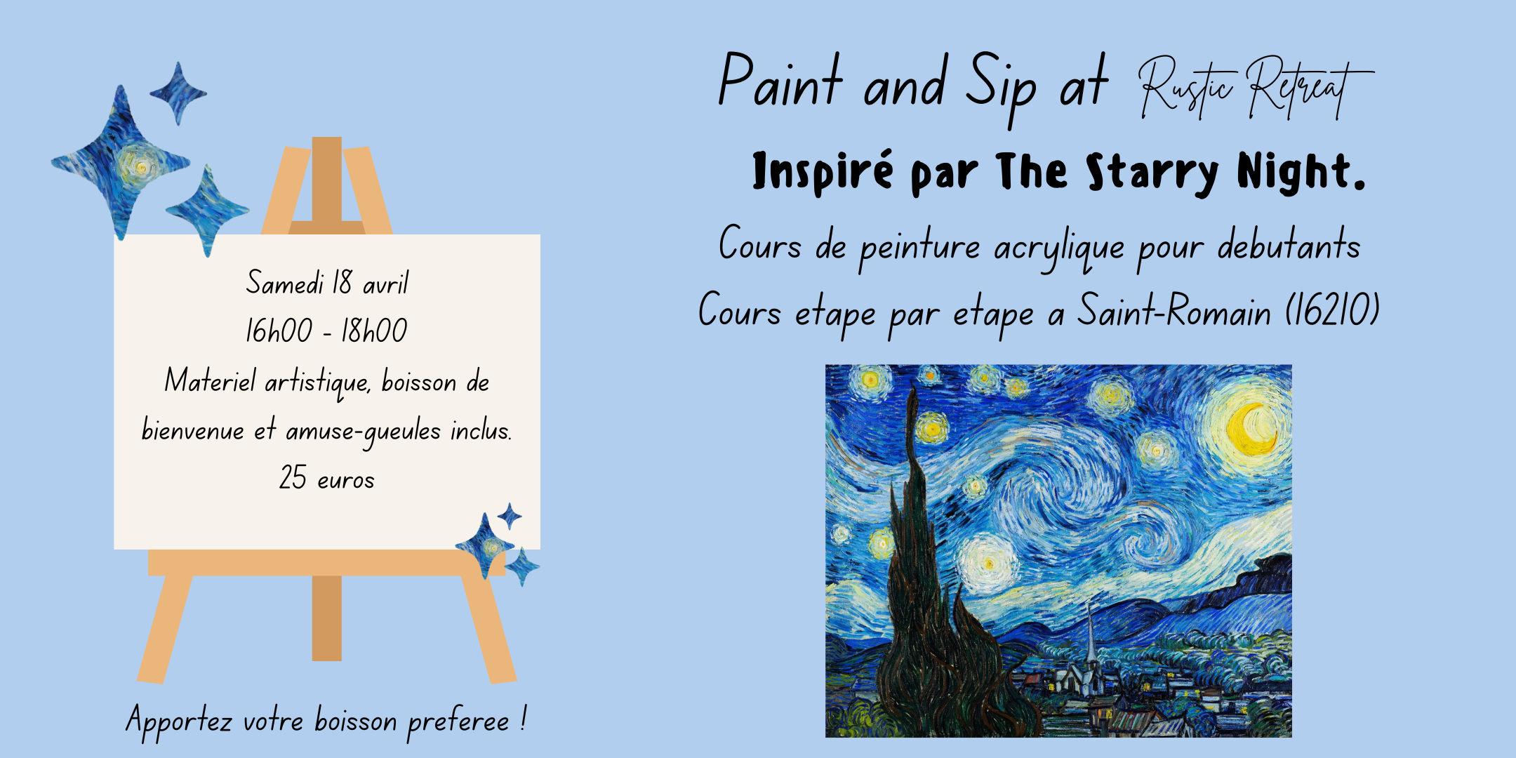 Event poster with a light blue background promoting an acrylic painting class inspired by Van Gogh's 'Starry Night'. The poster features text details about the event, dates, and pricing, alongside an image of 'Starry Night' and decorative stars.