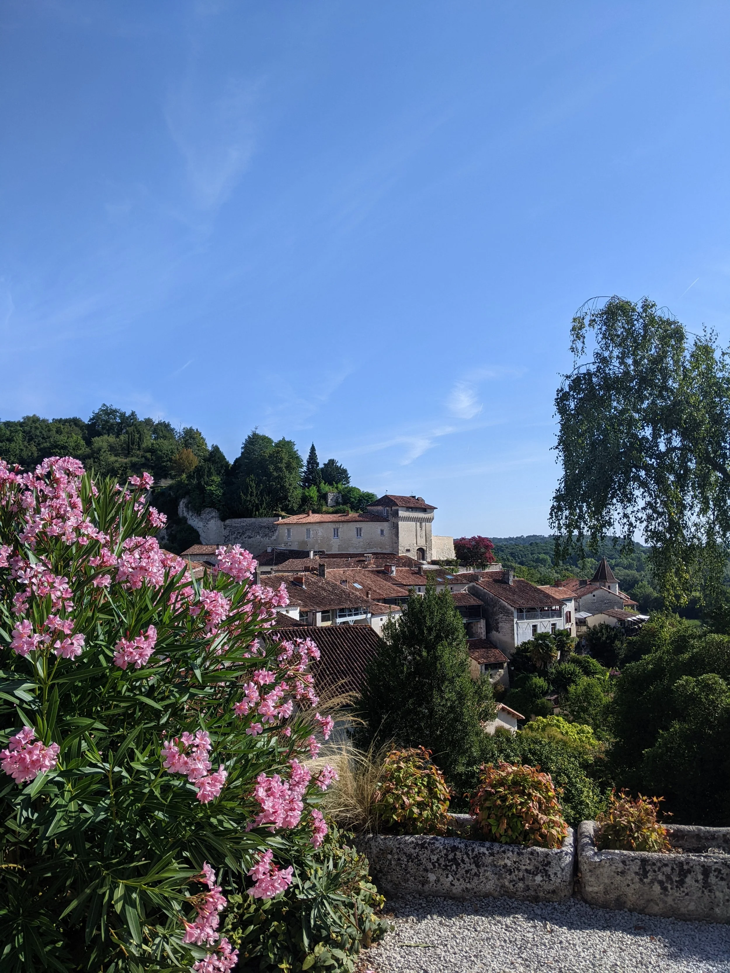Scenic view of a small village with stone buildings and red-tiled roofs, surrounded by greenery and trees, under a clear blue sky with few wispy clouds.
