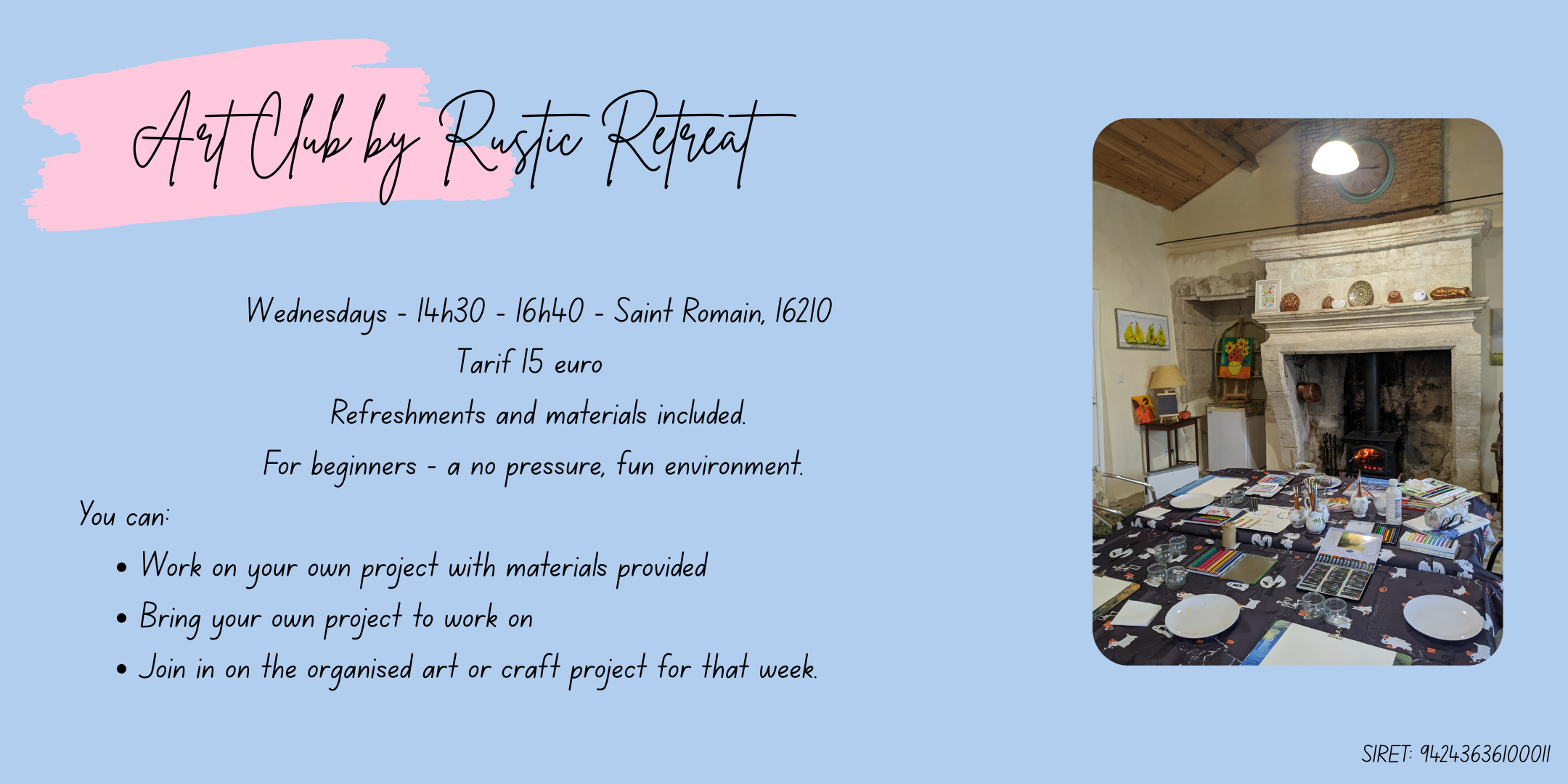 A promotional flyer for an art club by Rustic Retreat featuring a cozy room with a fireplace, tables set with art supplies, and details about the art class schedule and activities.